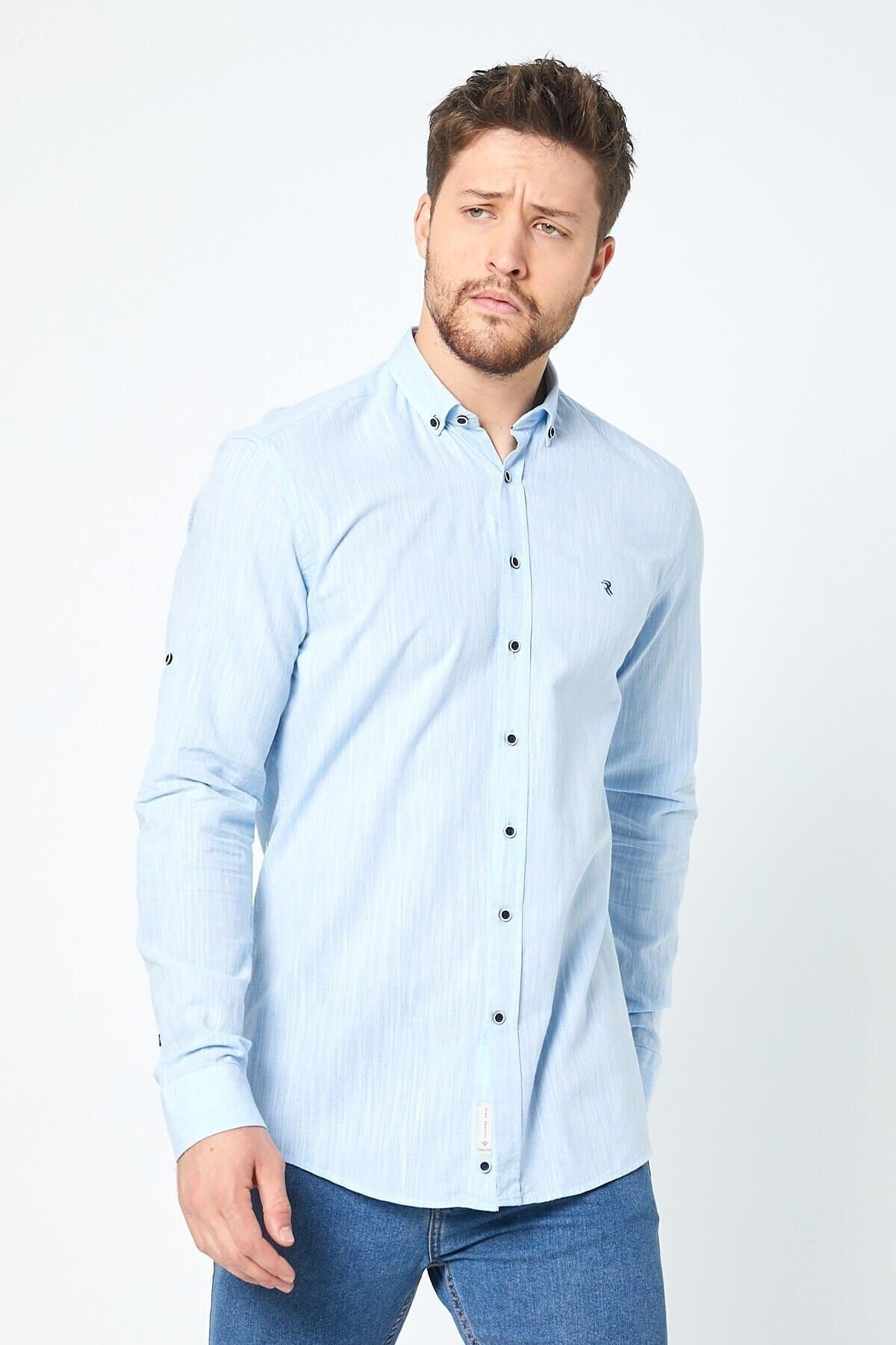 Keten Mavi Slim Fit Uzun Kol Gömlek