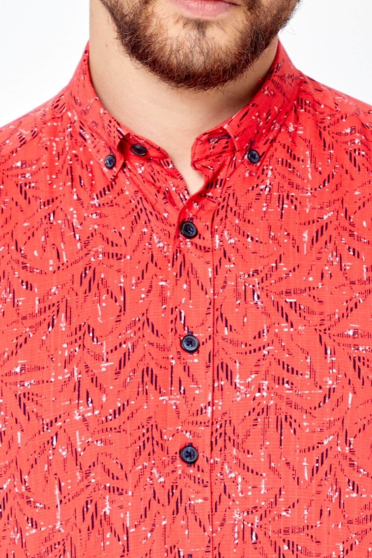 Pamuk Keten Baskılı Kırmızı Slim Fit Uzun Kol Gömlek