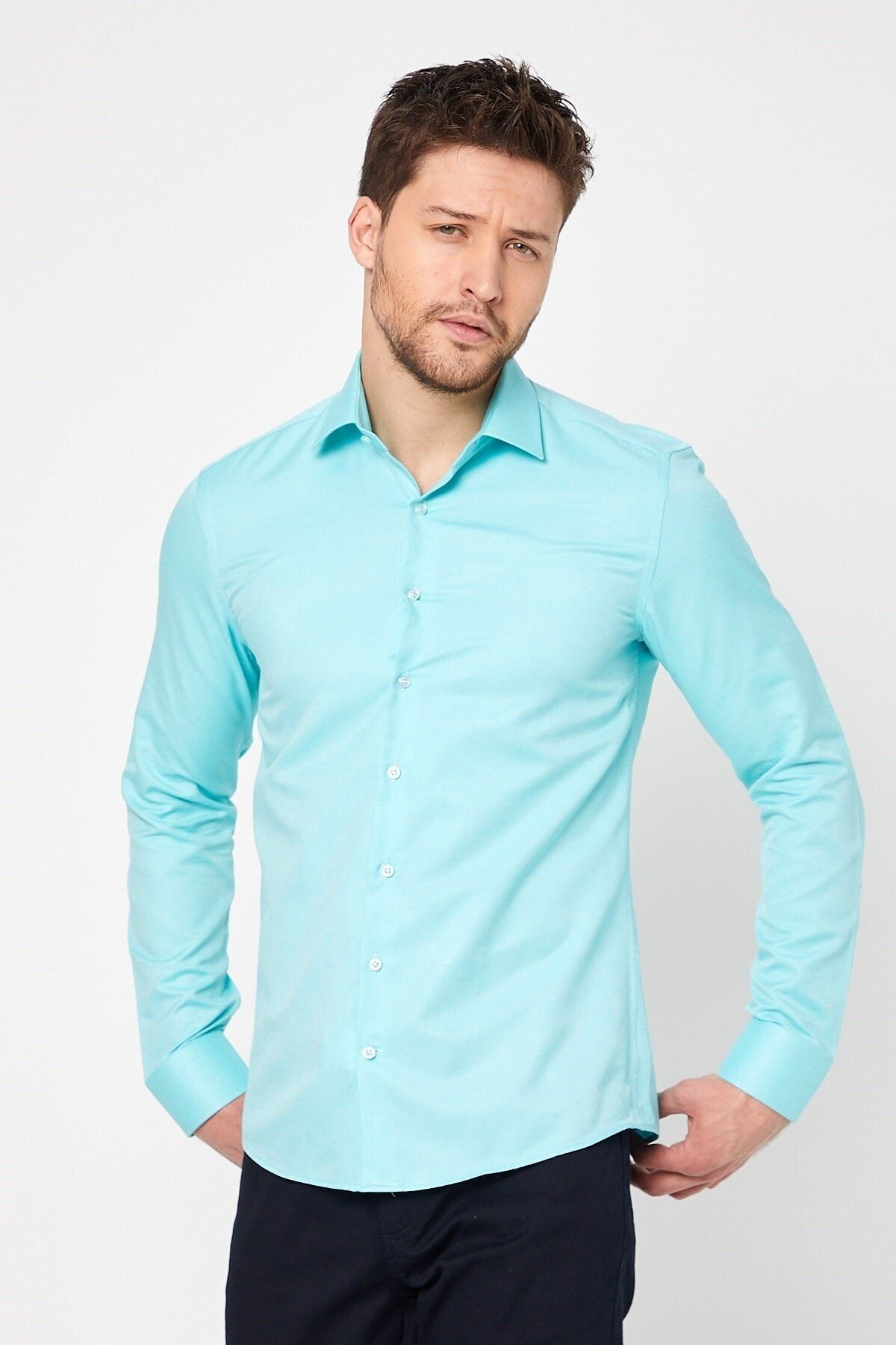 Turkuaz Slim Fit Uzun Kol Gömlek