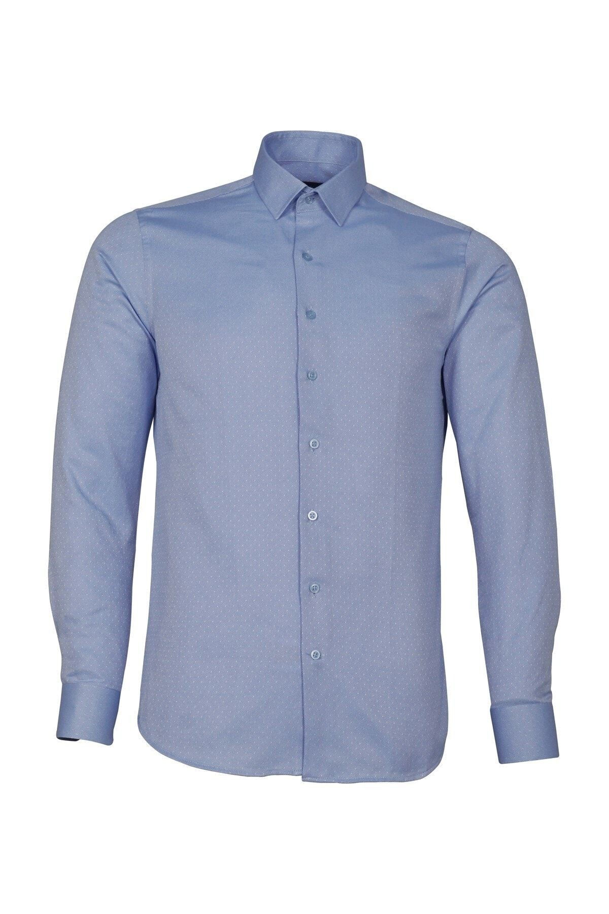 Erkek Mavi Slim Fit Armürlü Gömlek