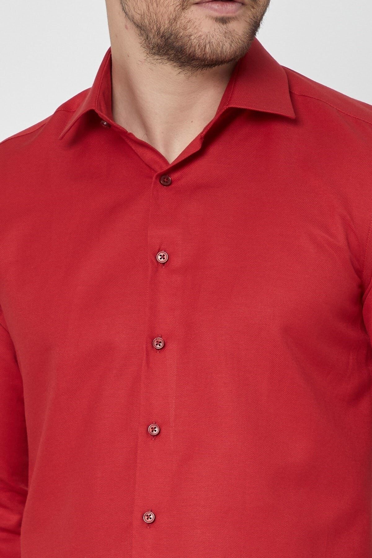 Kırmızı Slim Fit Uzun Kol Gömlek