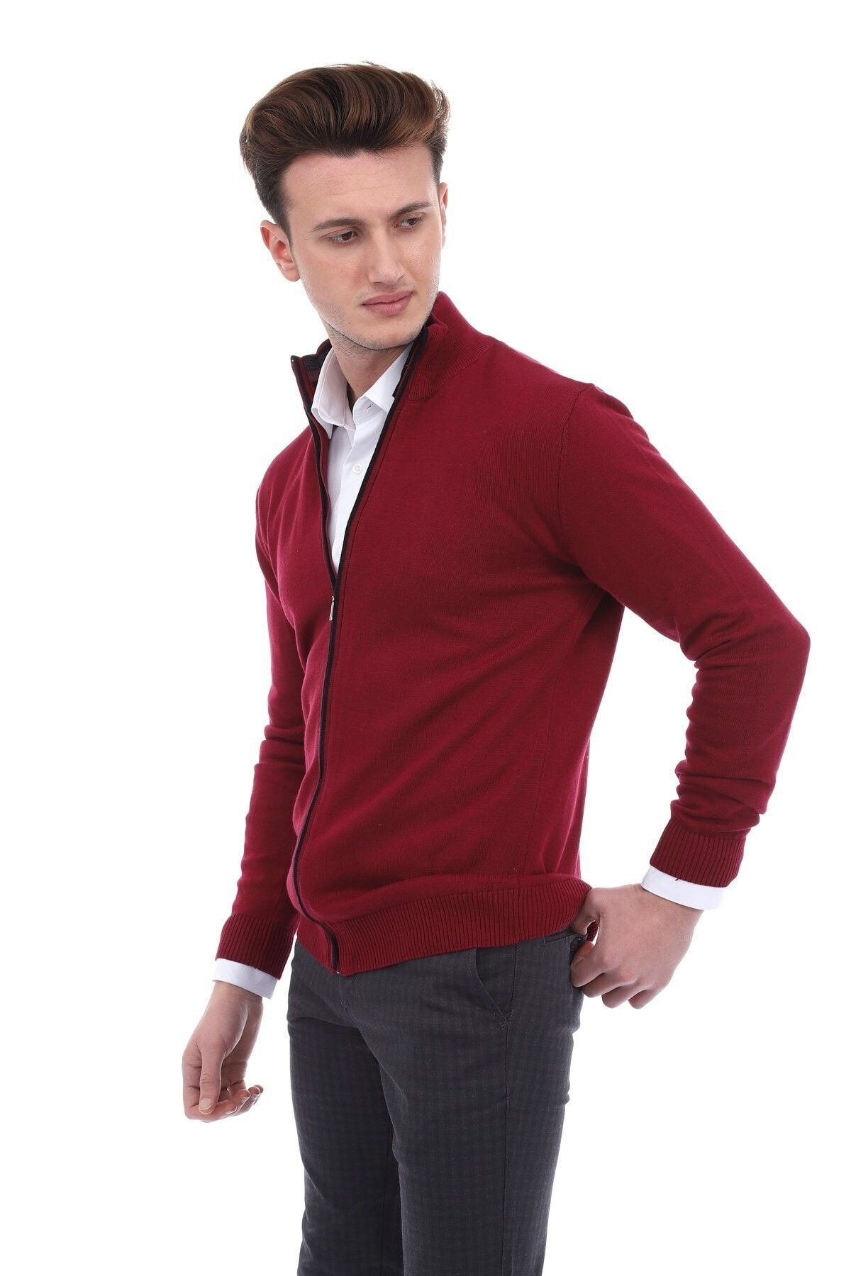 Bordo Slimfit Fermuarlı Hırka