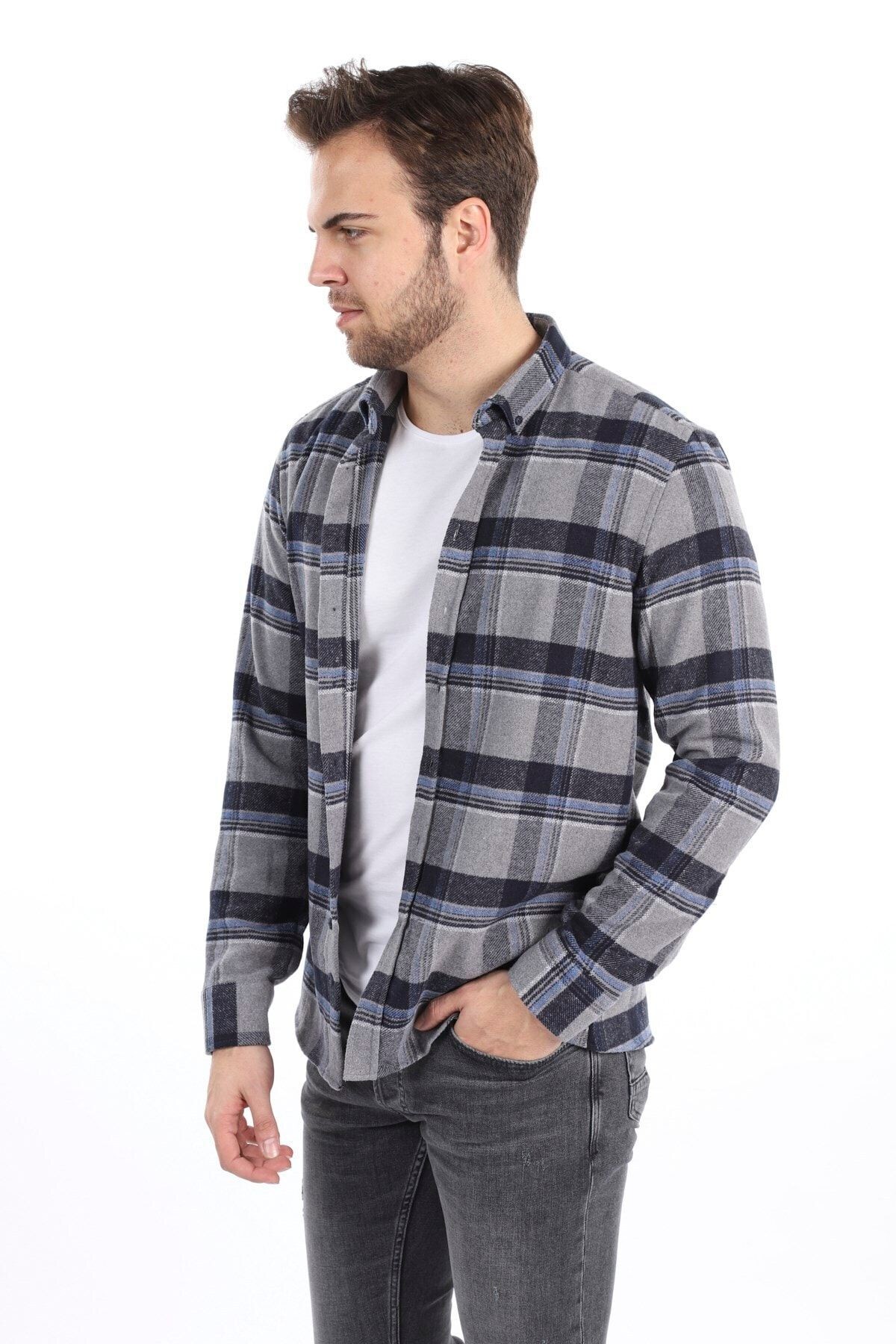 Erkek Gri Slim Fit Oduncu Gömlek