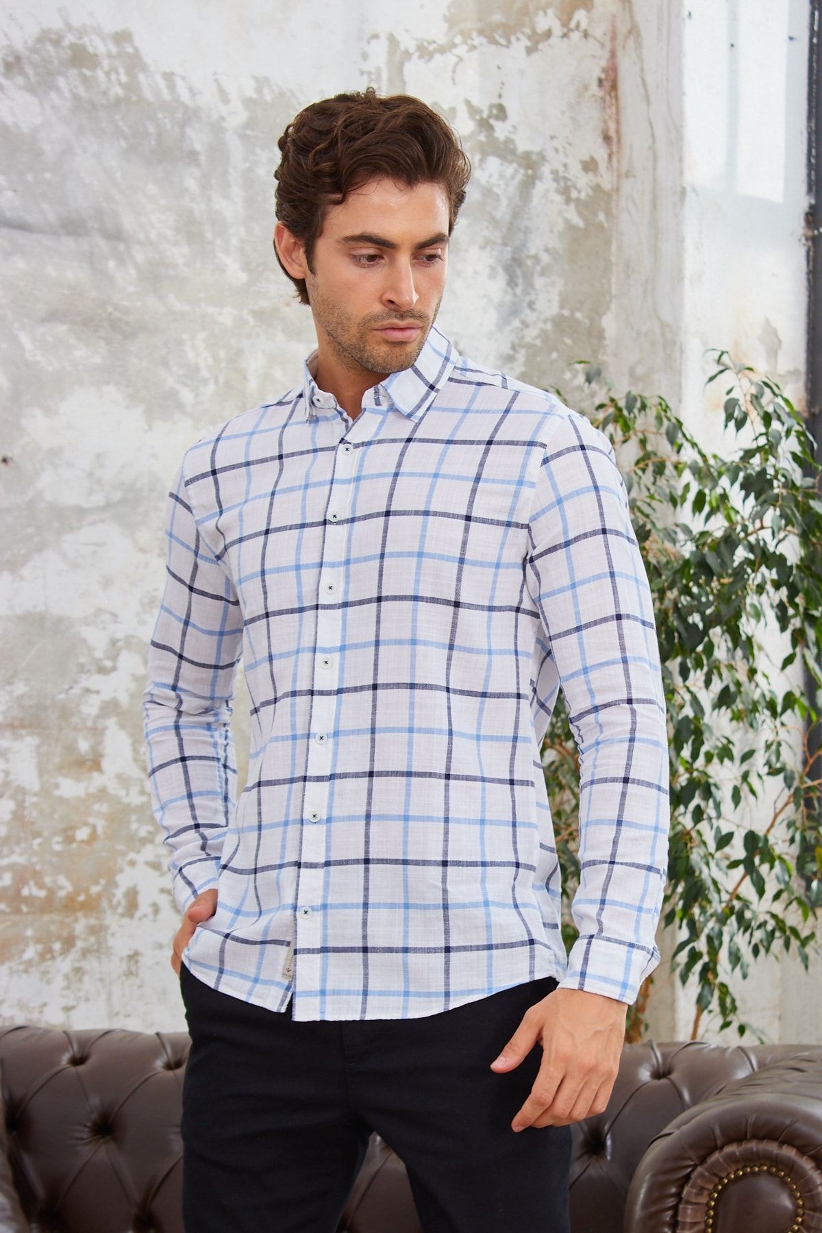Ekose Desen Modern Slim Fit Pamuk Gömlek