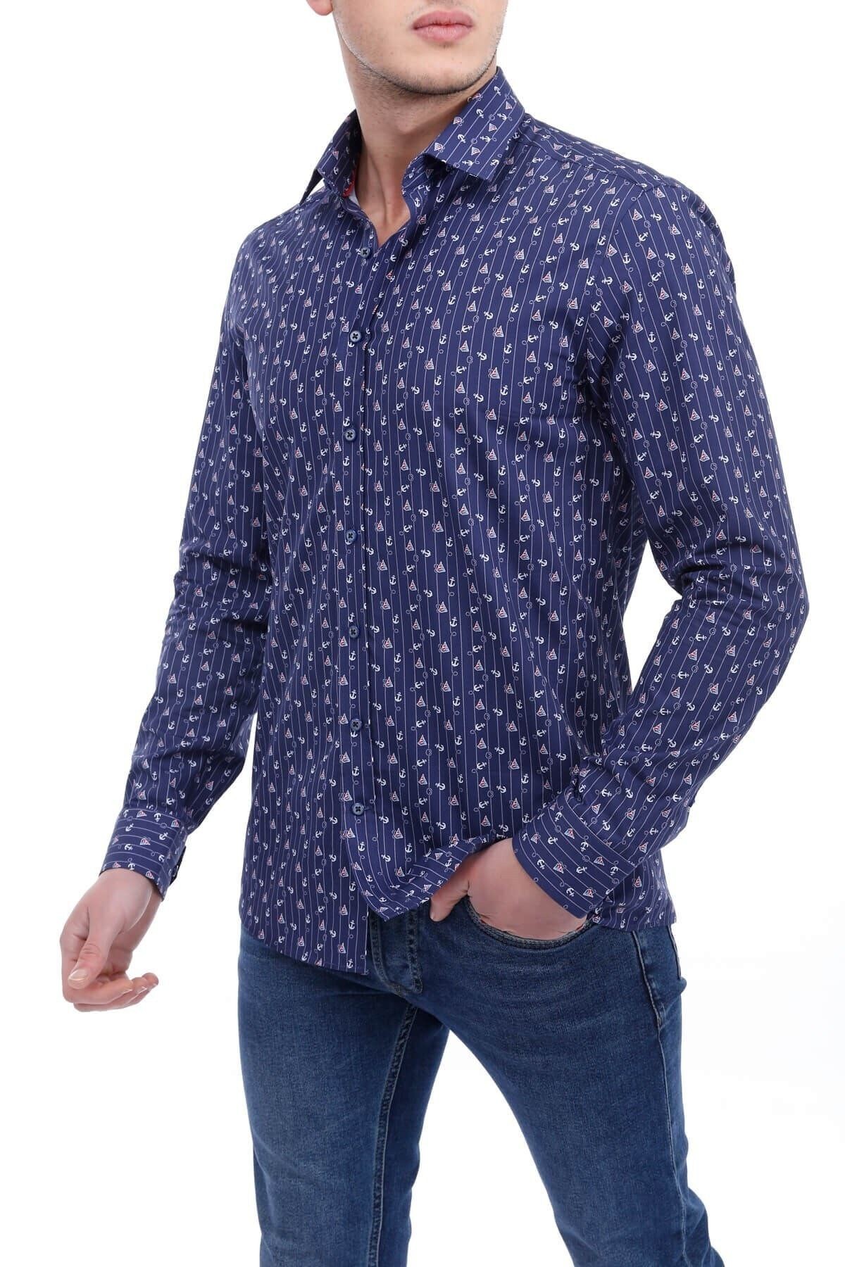 Baskılı Lacivert Slim Fit Gömlek