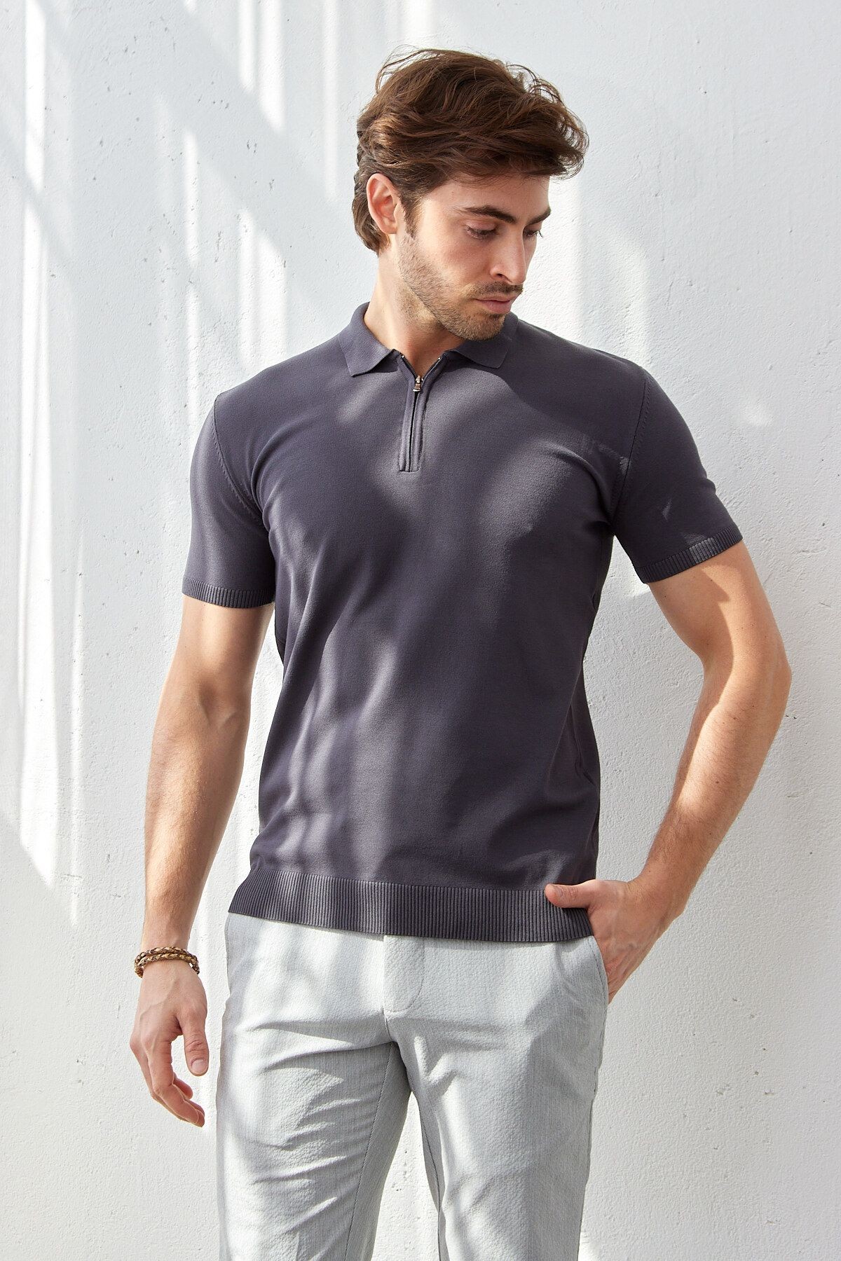 Erkek Modern Slim Fit Fermuarlı Polo Yaka T-Shirt