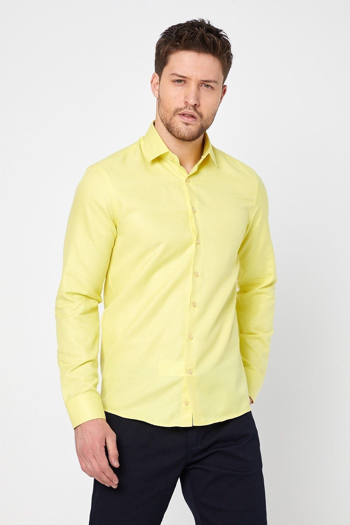 Sarı Slim Fit Uzun Kol Gömlek