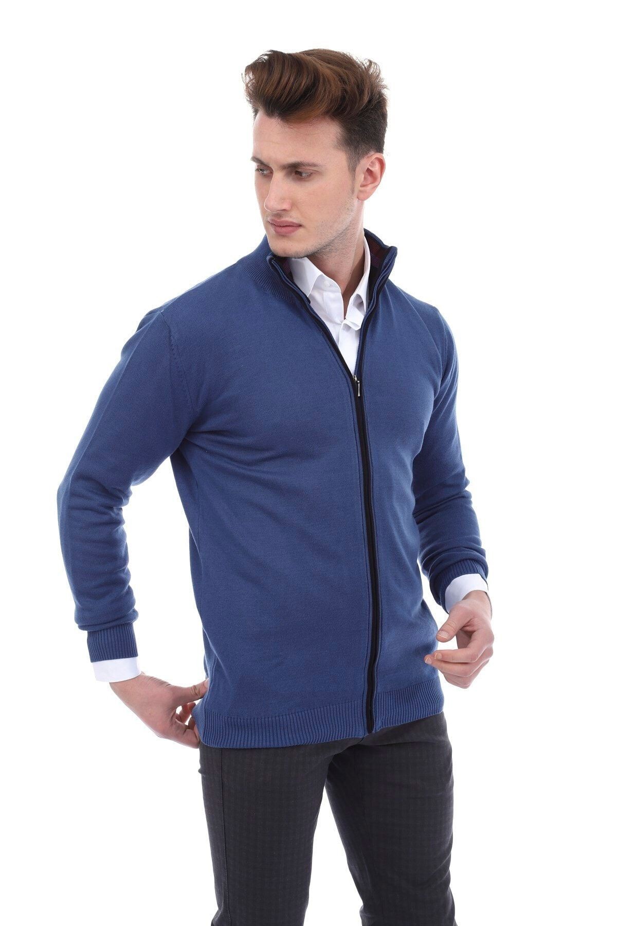 Mavi Slimfit Fermuarlı Hırka