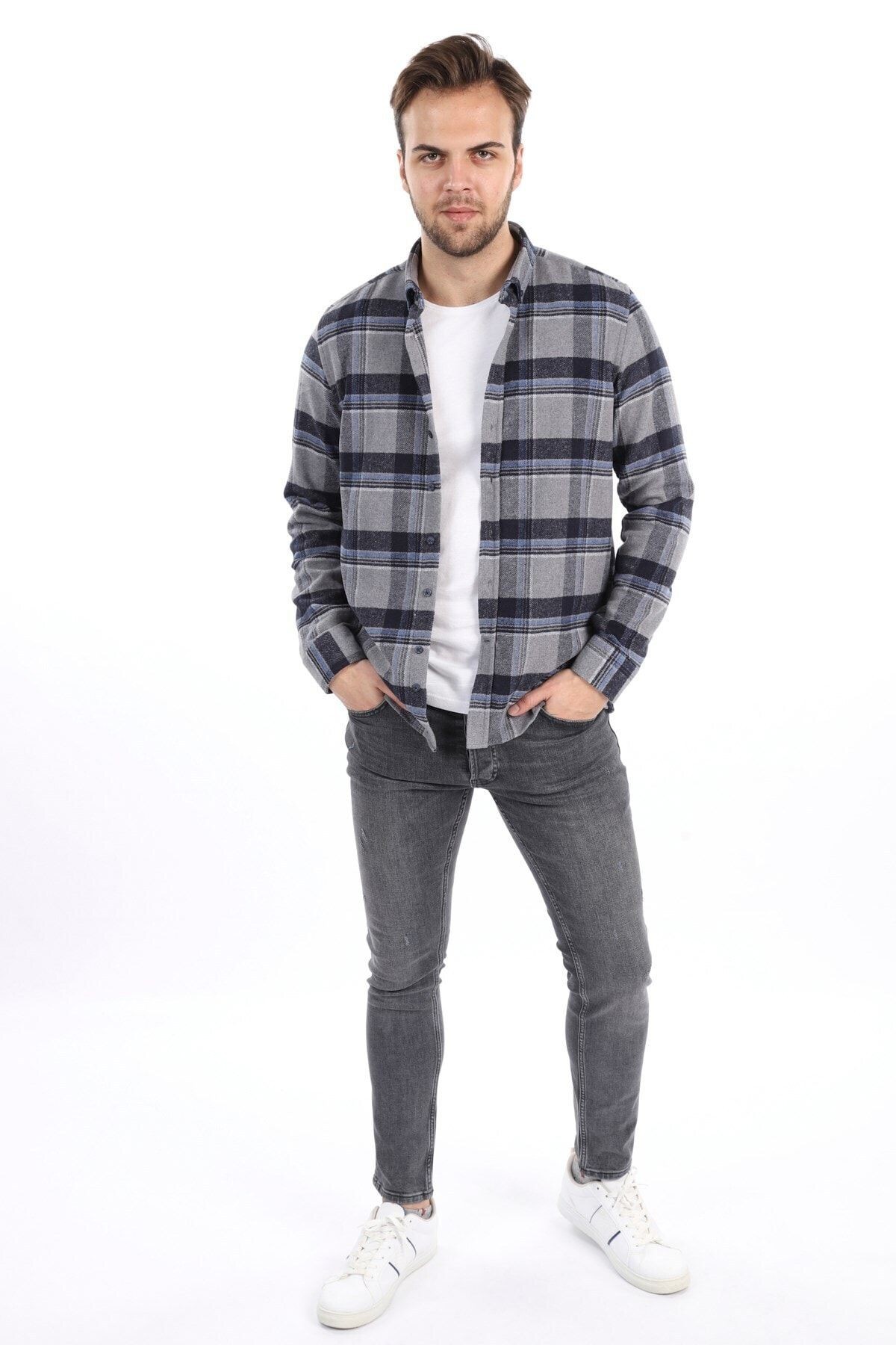 Erkek Gri Slim Fit Oduncu Gömlek