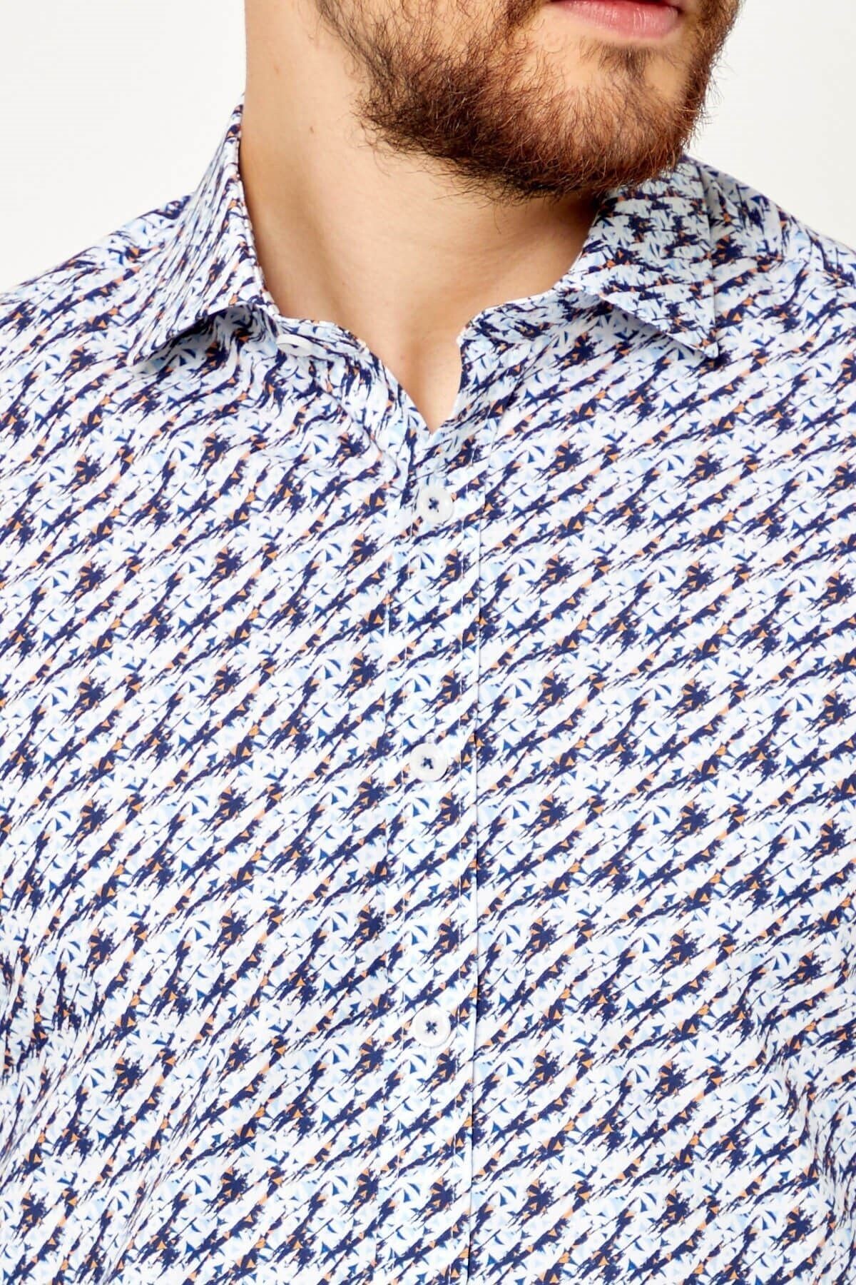 %100 Pamuk Lacivert Baskılı Slim Fit Uzun Kol Gömlek