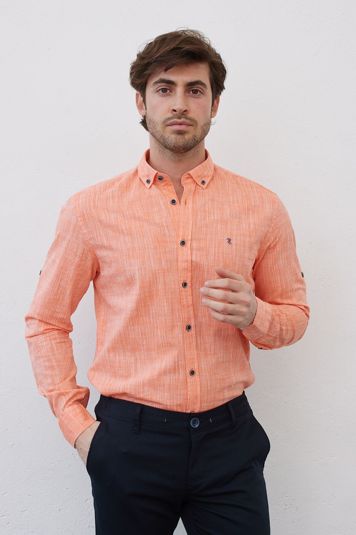 Keten Turuncu Slim Fit Uzun Kol Gömlek