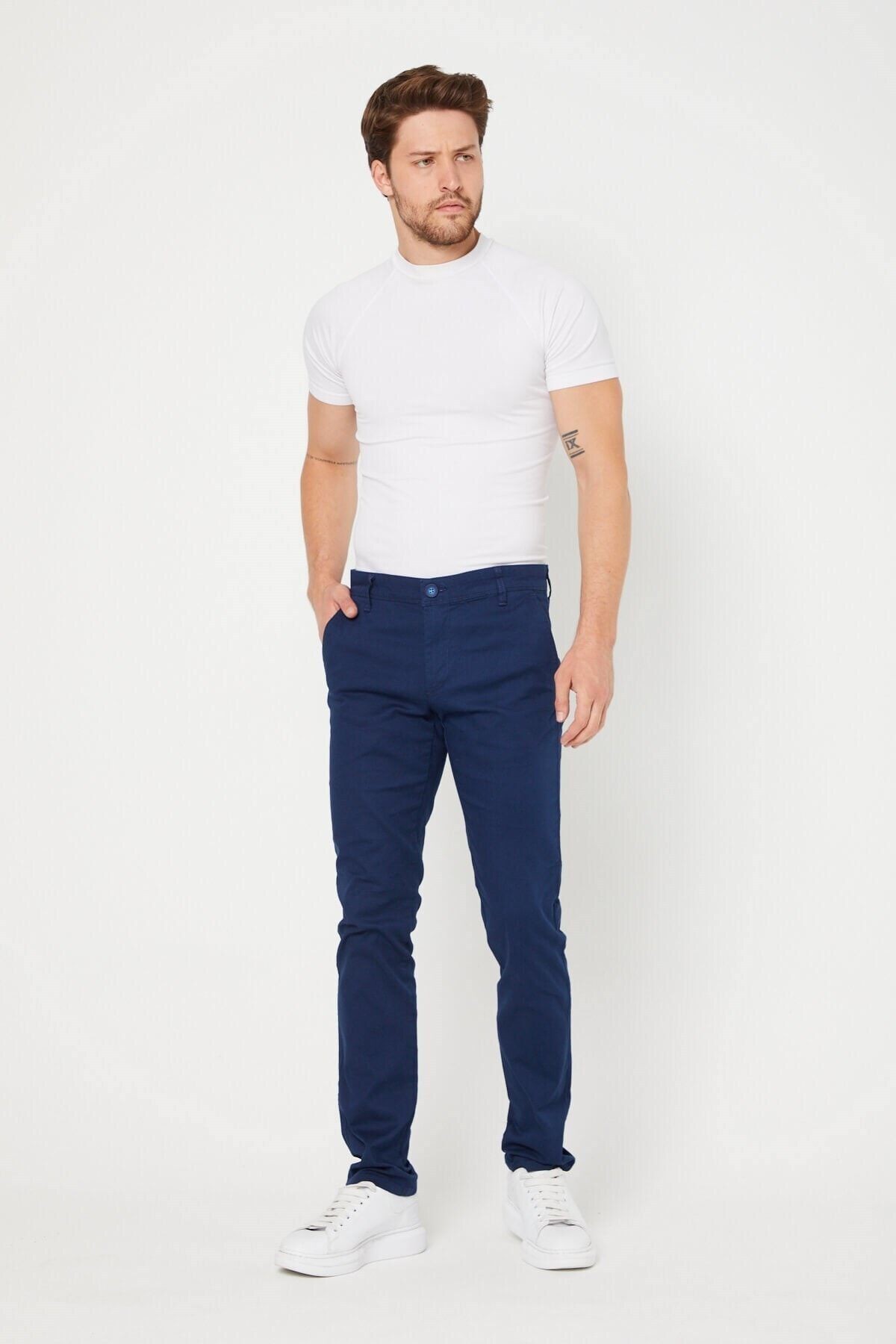Lacivert Chıno Yan Cepli Mikro Desen Keten Regular Fit Pantolon