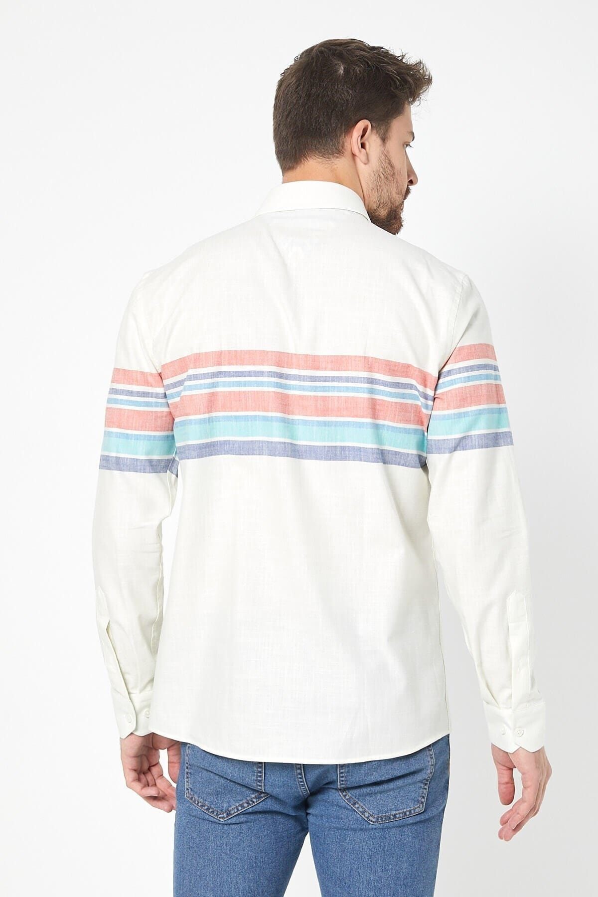 Keten Kırmızı Panolo Beyaz Slim Fit Uzun Kol Gömlek