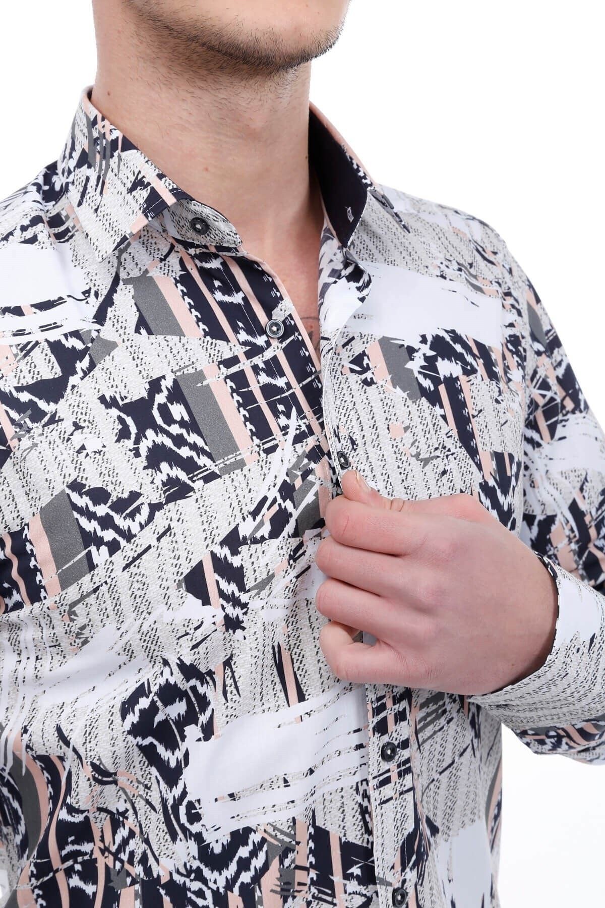 Baskılı Krem Slim Fit Gömlek