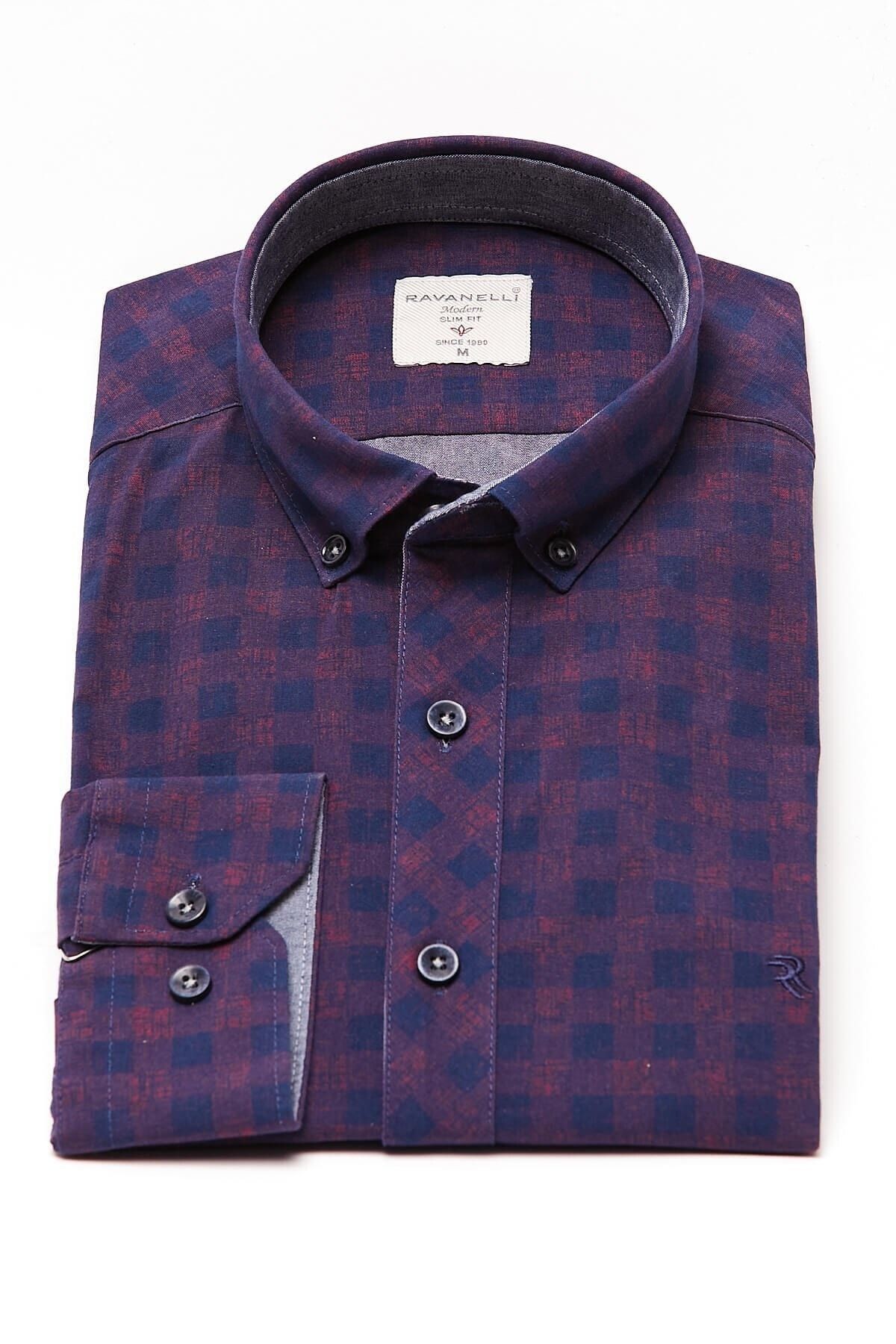 Baskılı Bordo Slim Fit Uzun Kol Gömlek