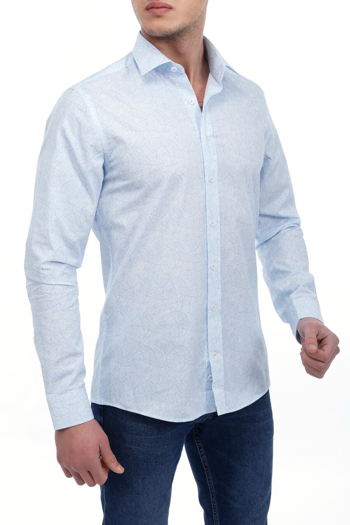 Baskılı Mavi Slim Fit Gömlek