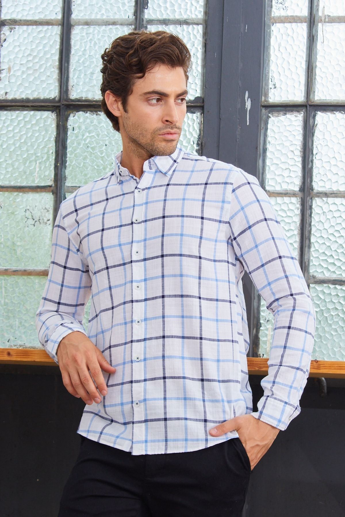 Ekose Desen Modern Slim Fit Pamuk Gömlek