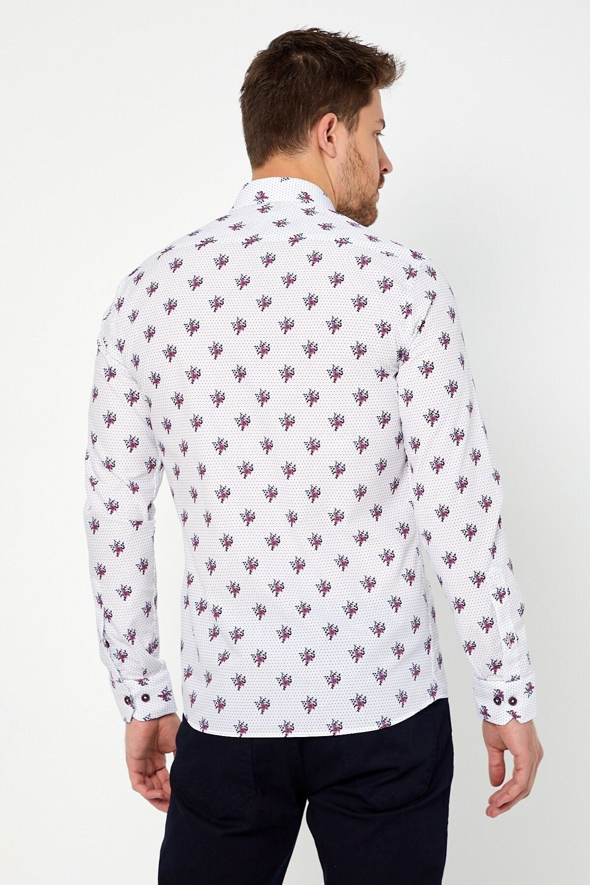 Kırmızı Çiçek Baskılı Slim Fit Uzun Kol Gömlek