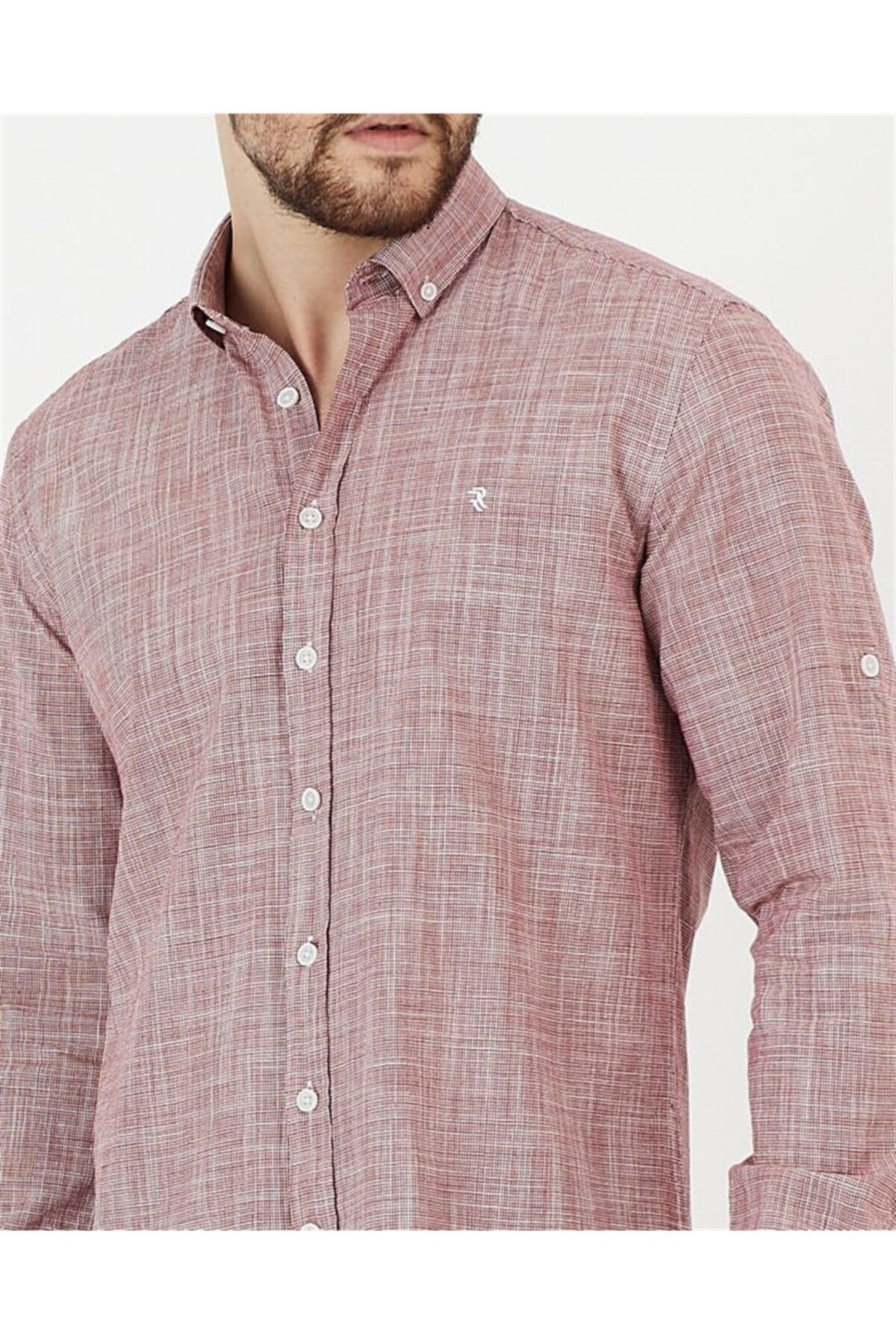 Bordo %100 Pamuk Slim Fit Uzun Kol Keten Gömlek