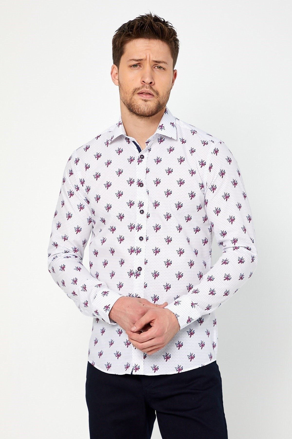 Kırmızı Çiçek Baskılı Slim Fit Uzun Kol Gömlek