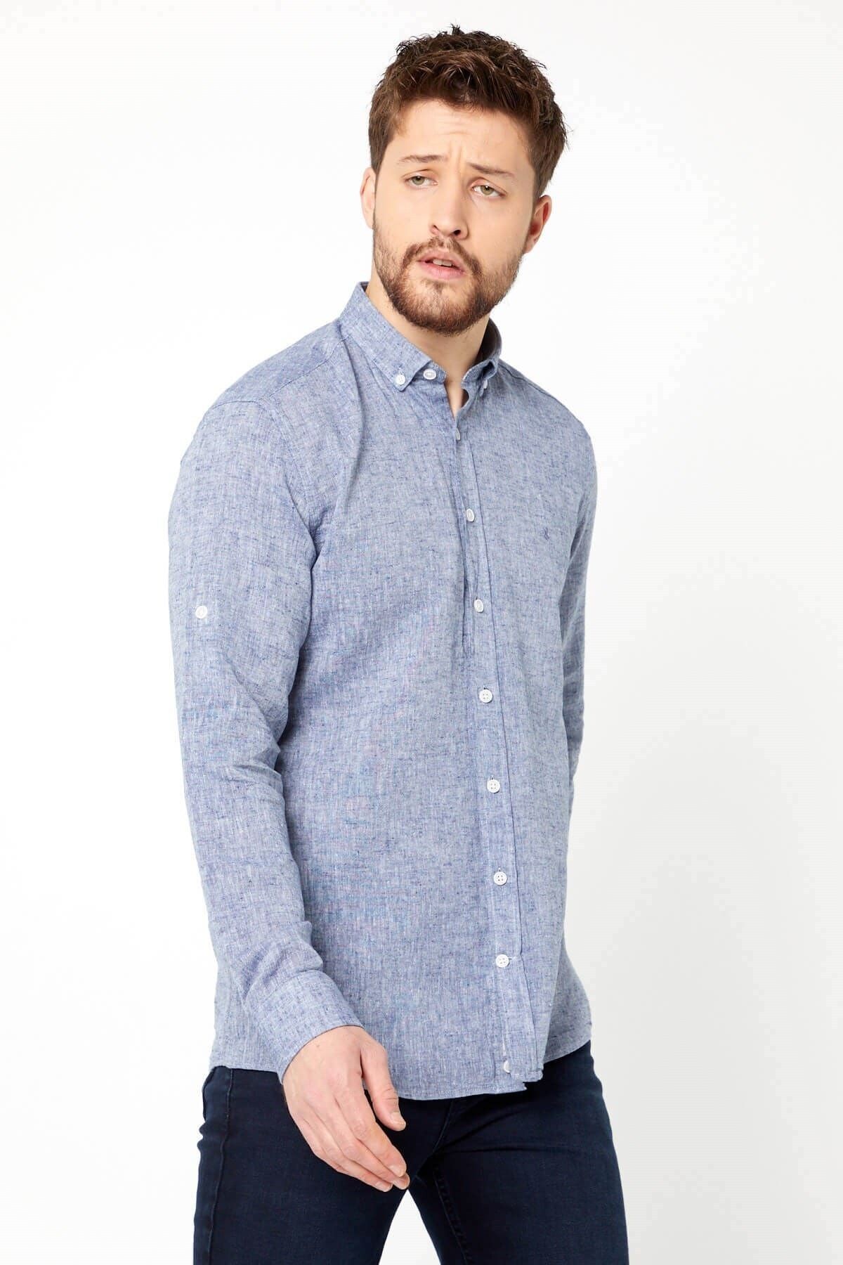 Lacivert Slim Fit Uzun Kol Keten Gömlek