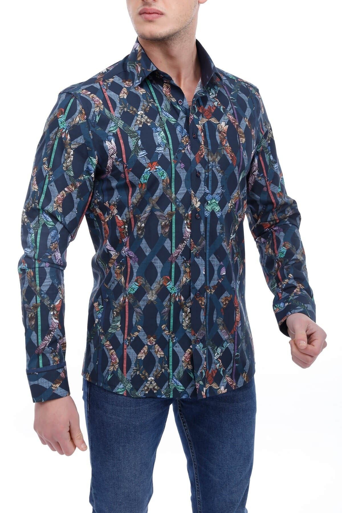 Baskılı Lacivert Slim Fit Gömlek