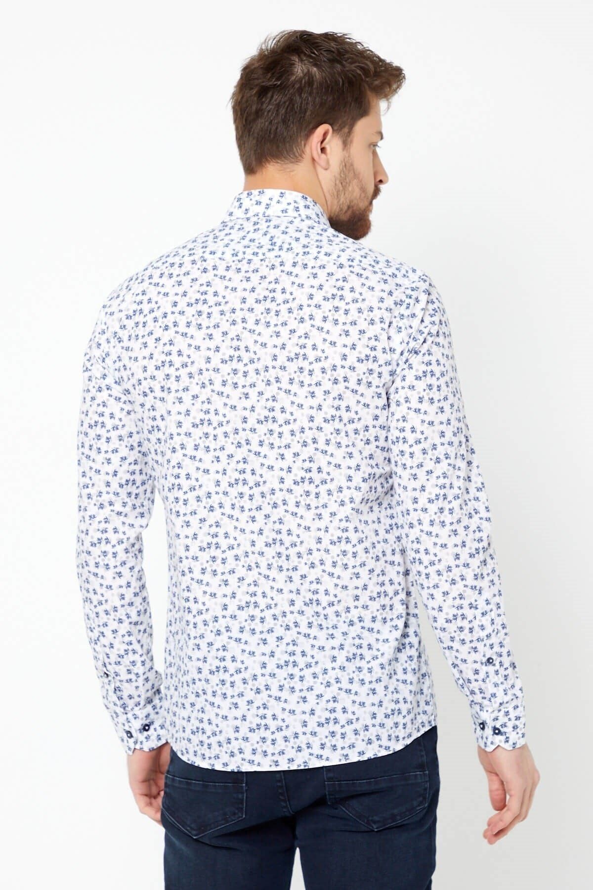 Lacivert Baskılı Beyaz Slim Fit Uzun Kol Gömlek