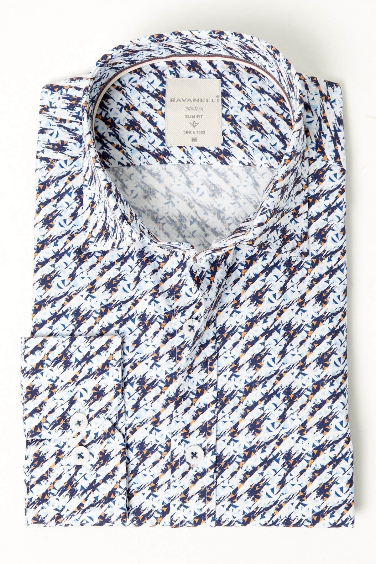 %100 Pamuk Lacivert Baskılı Slim Fit Uzun Kol Gömlek