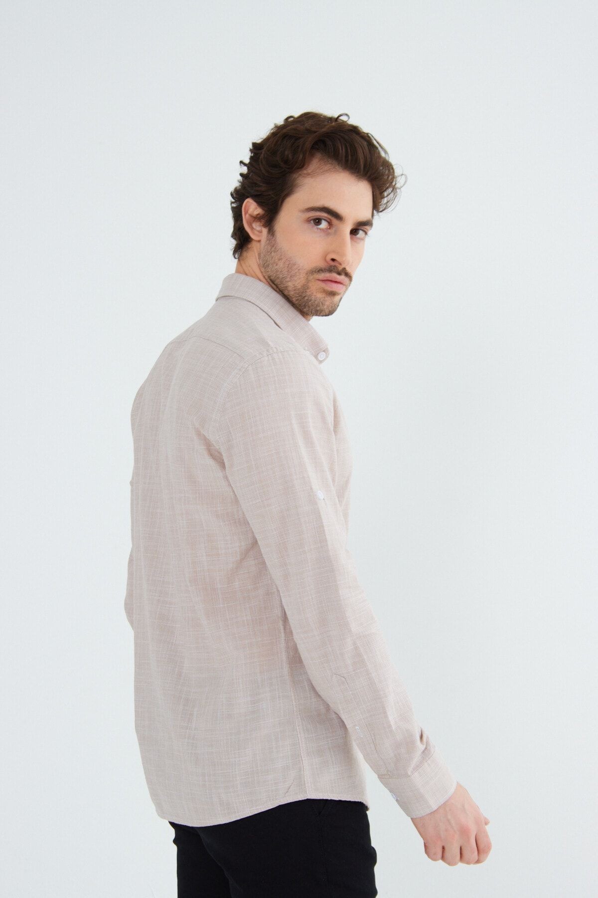 Beige Slimfit Hediye Kutulu Keten Yaka Düğmeli Uzun Kol Erkek Gömlek G318