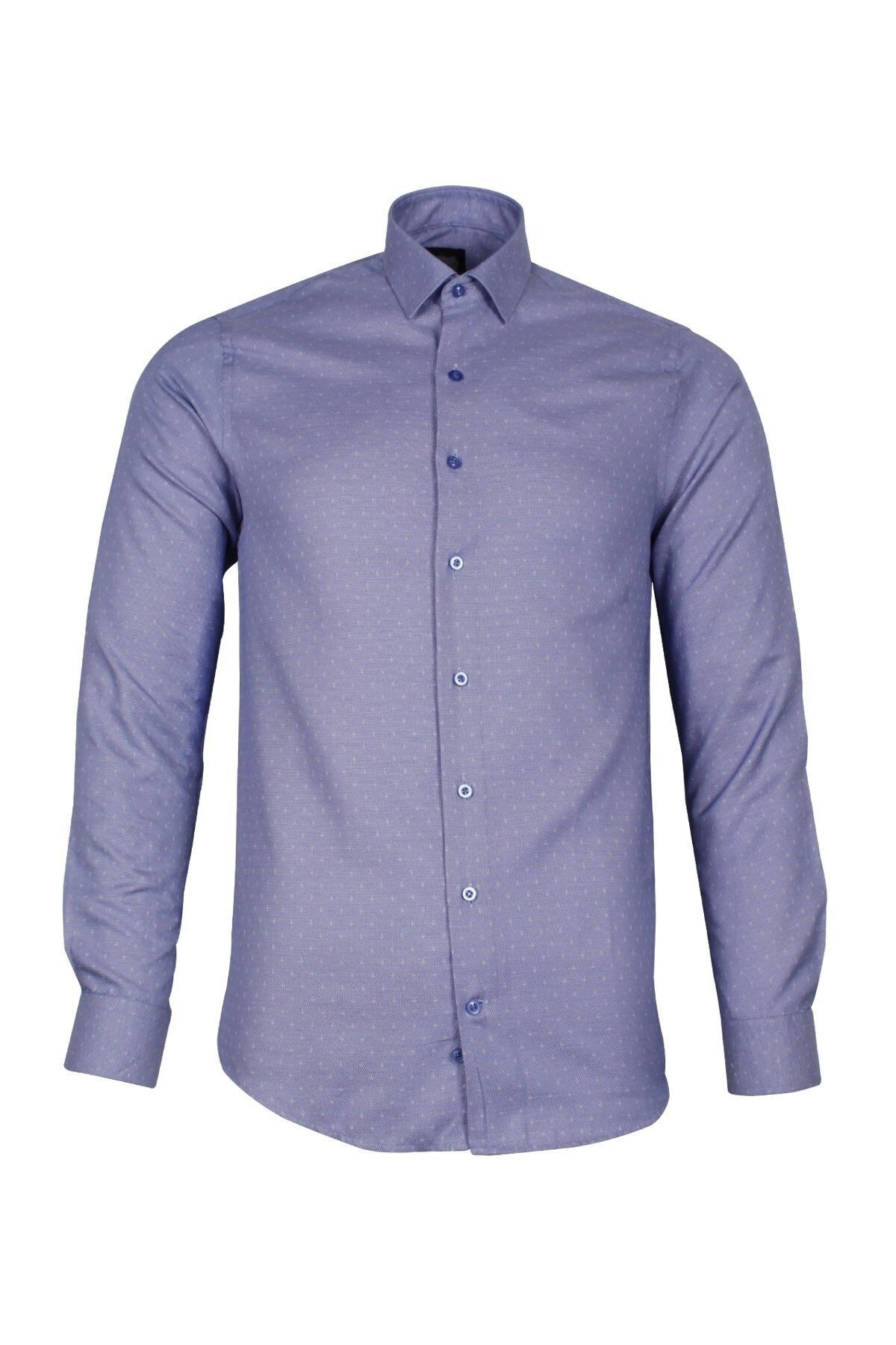 Erkek Mavi Slim Fit Armürlü Gömlek