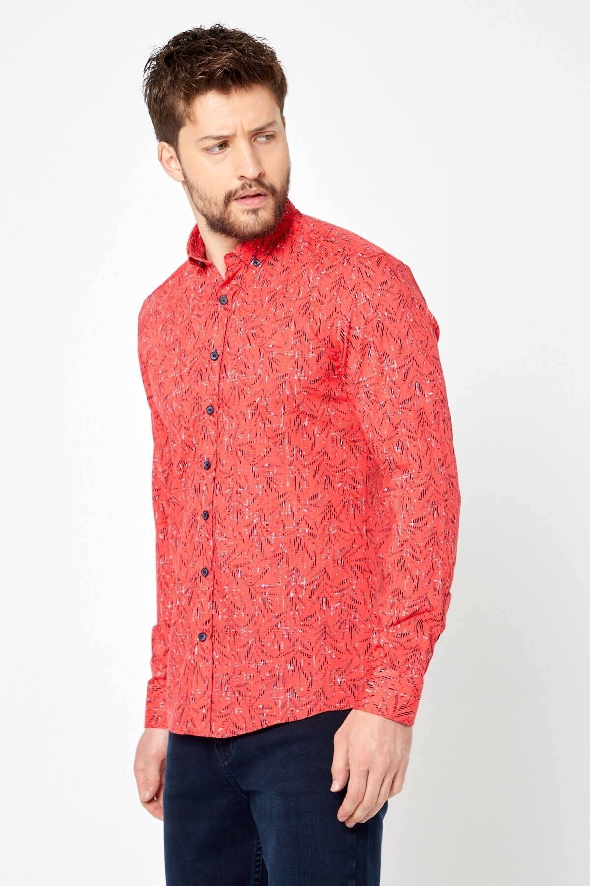Pamuk Keten Baskılı Kırmızı Slim Fit Uzun Kol Gömlek