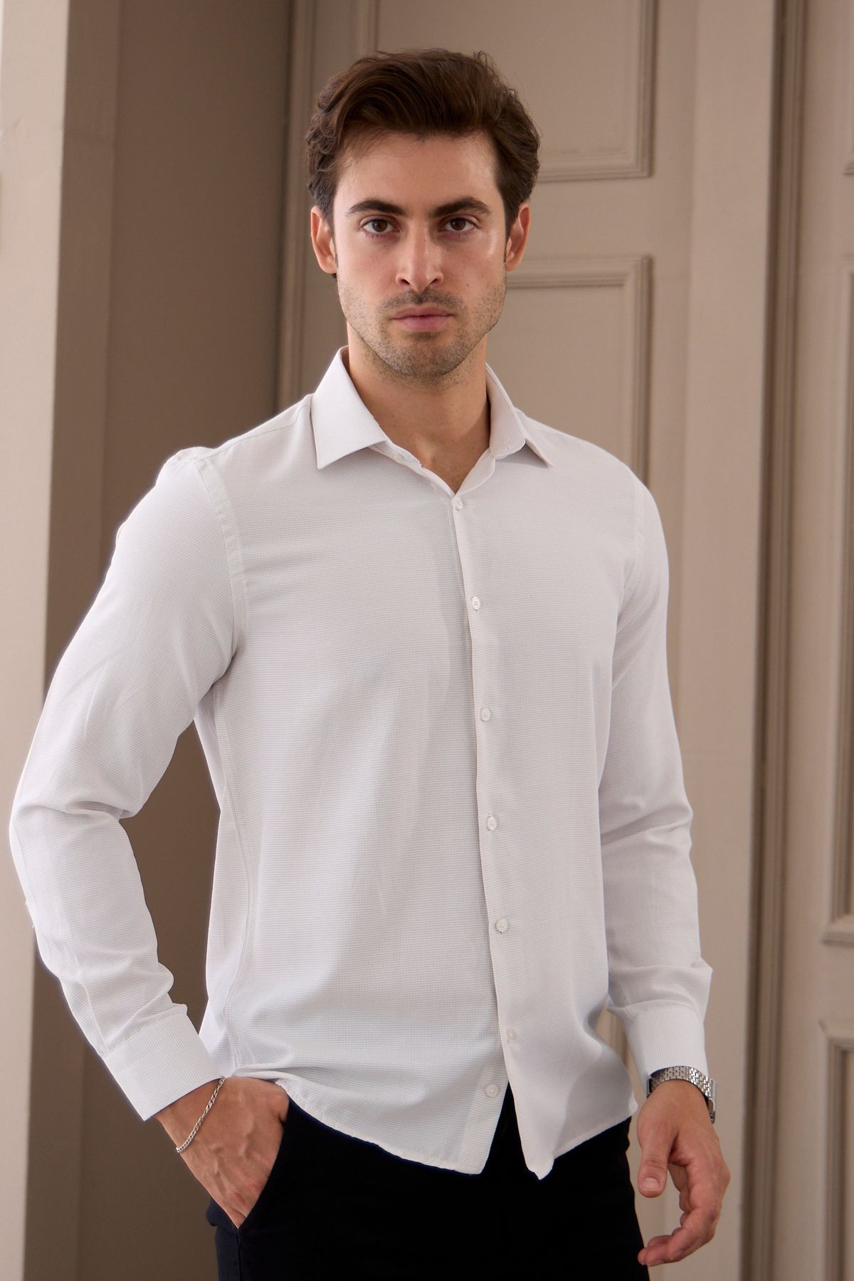 Erkek Bej Uzun Kol Slim Fit Dar Kesim Klasik Yaka Desenli Pamuklu Gömlek