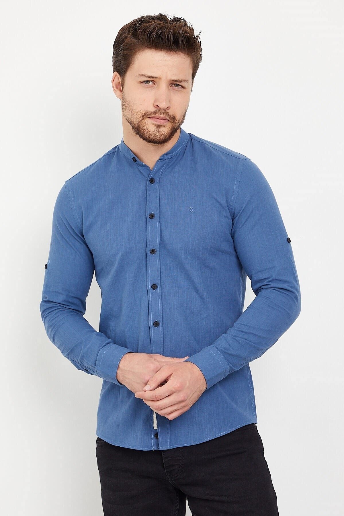Pamuk Keten Hakim Yaka Lacivert Slim Fit Uzun Kol Gömlek