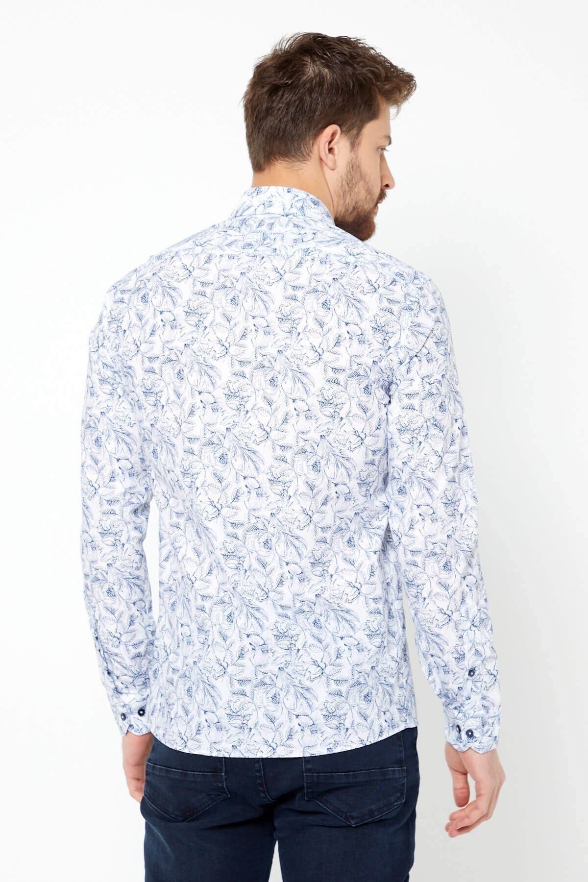 Lacivert Baskılı Beyaz Slim Fit Uzun Kol Gömlek
