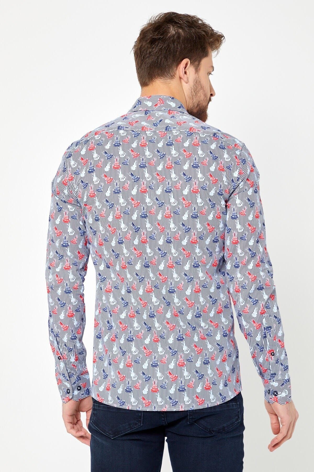 %100 Pamuk Çizgi Baskılı Slim Fit Uzun Kol Gömlek
