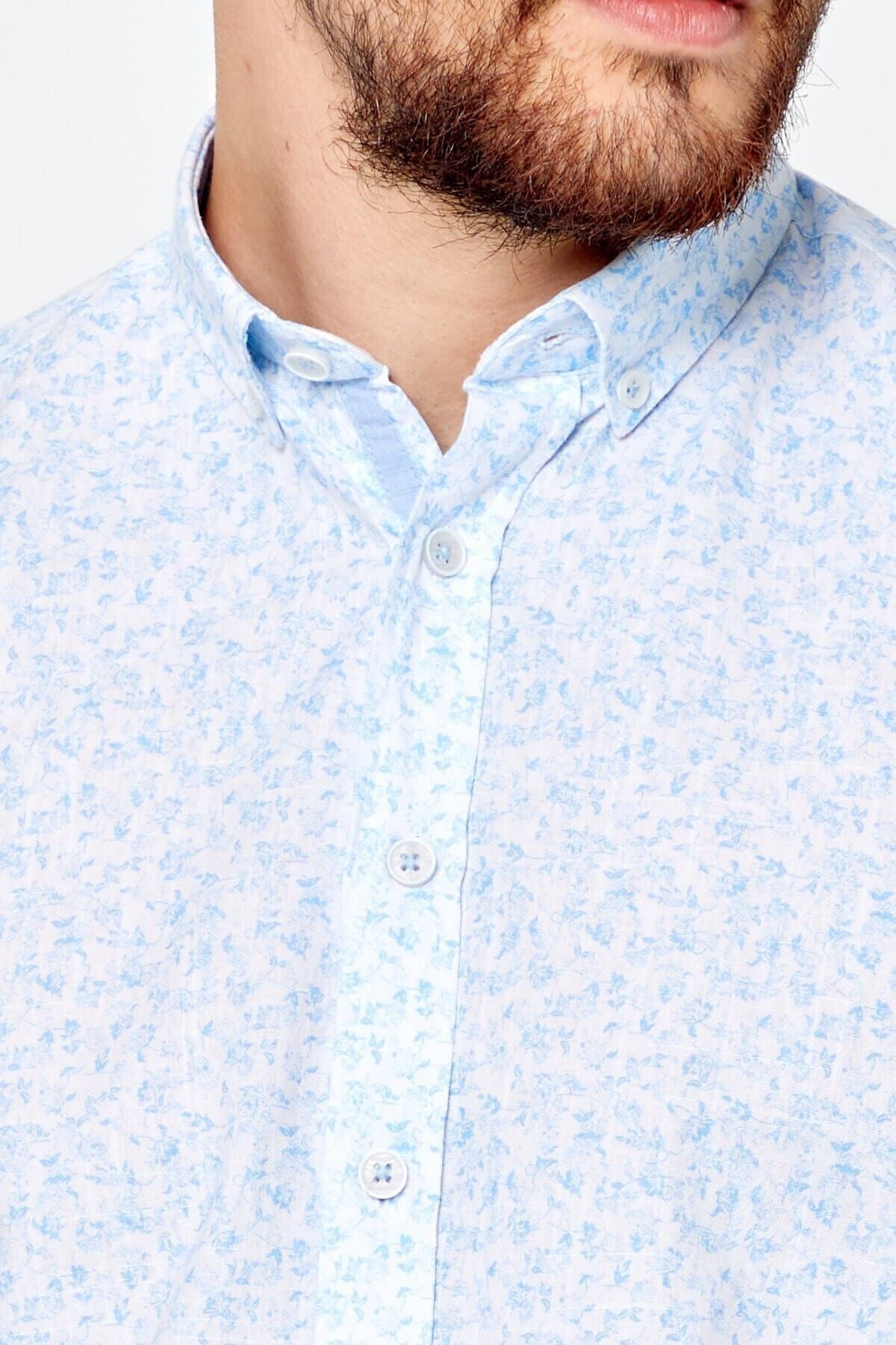 %100 Pamuk Keten Mavi Baskılı Slim Fit Uzun Kol Keten Gömlek