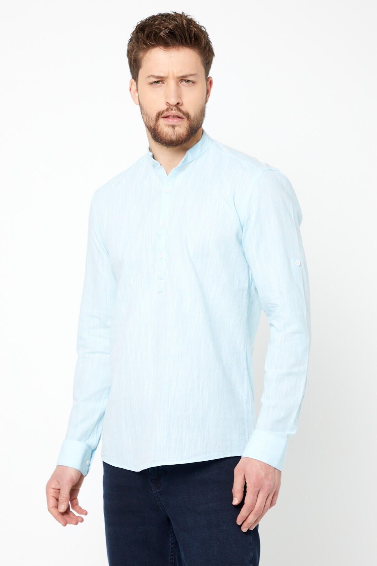Keten Hakim Yaka Yarım Pat Turkuaz Slim Fit Uzun Kol Gömlek