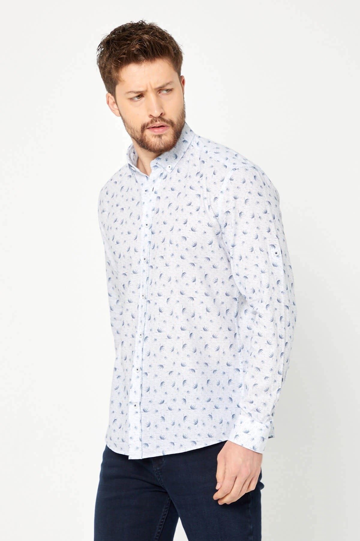 %100 Pamuk Keten Lacivert Baskılı Slim Fit Uzun Kol Keten Gömlek