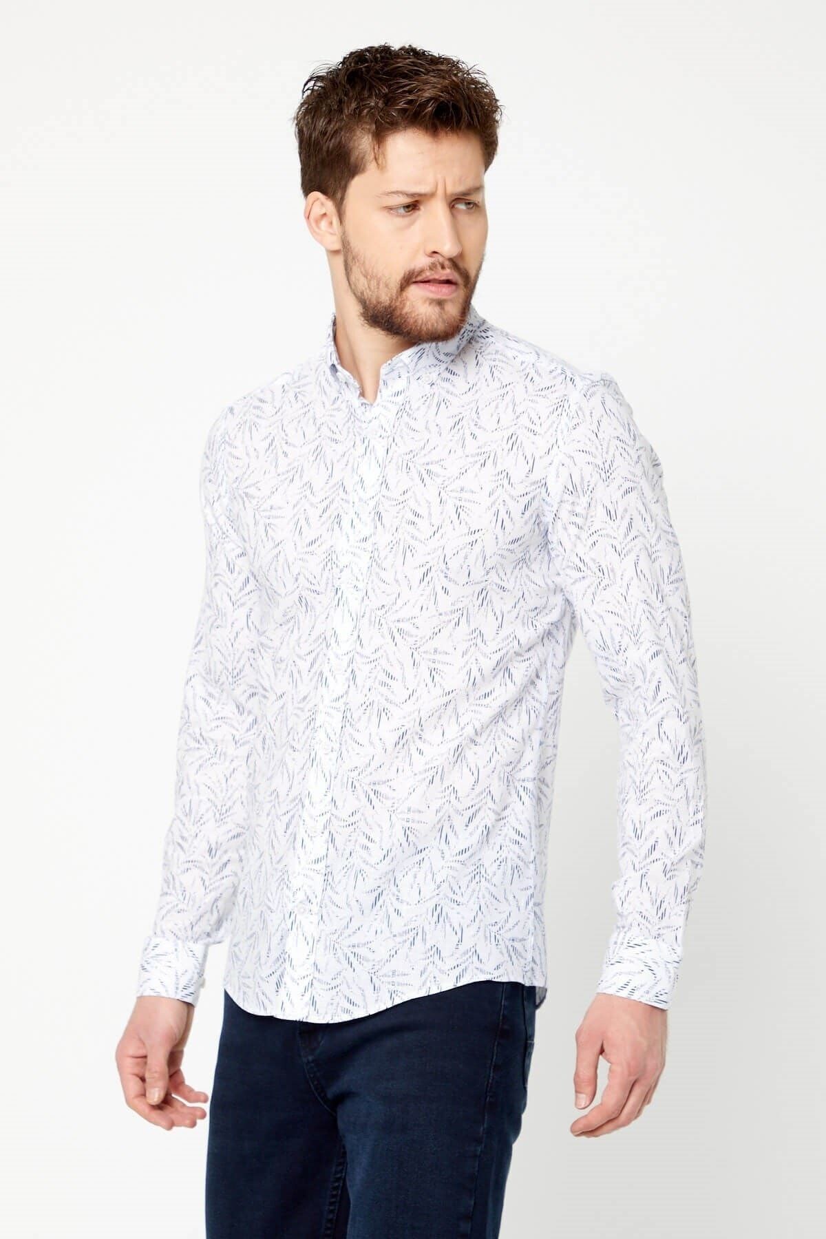 Pamuk Keten Baskılı Beyaz Slim Fit Uzun Kol Gömlek