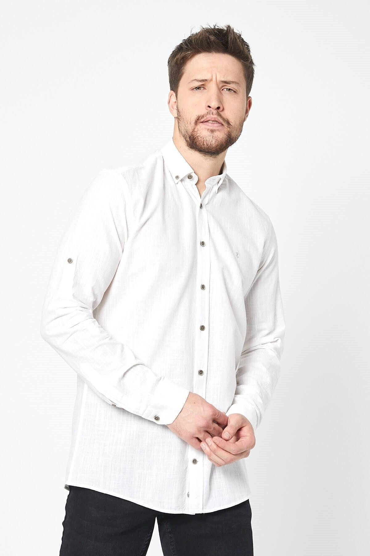 Keten Kırık Beyaz Slim Fit Uzun Kol Gömlek