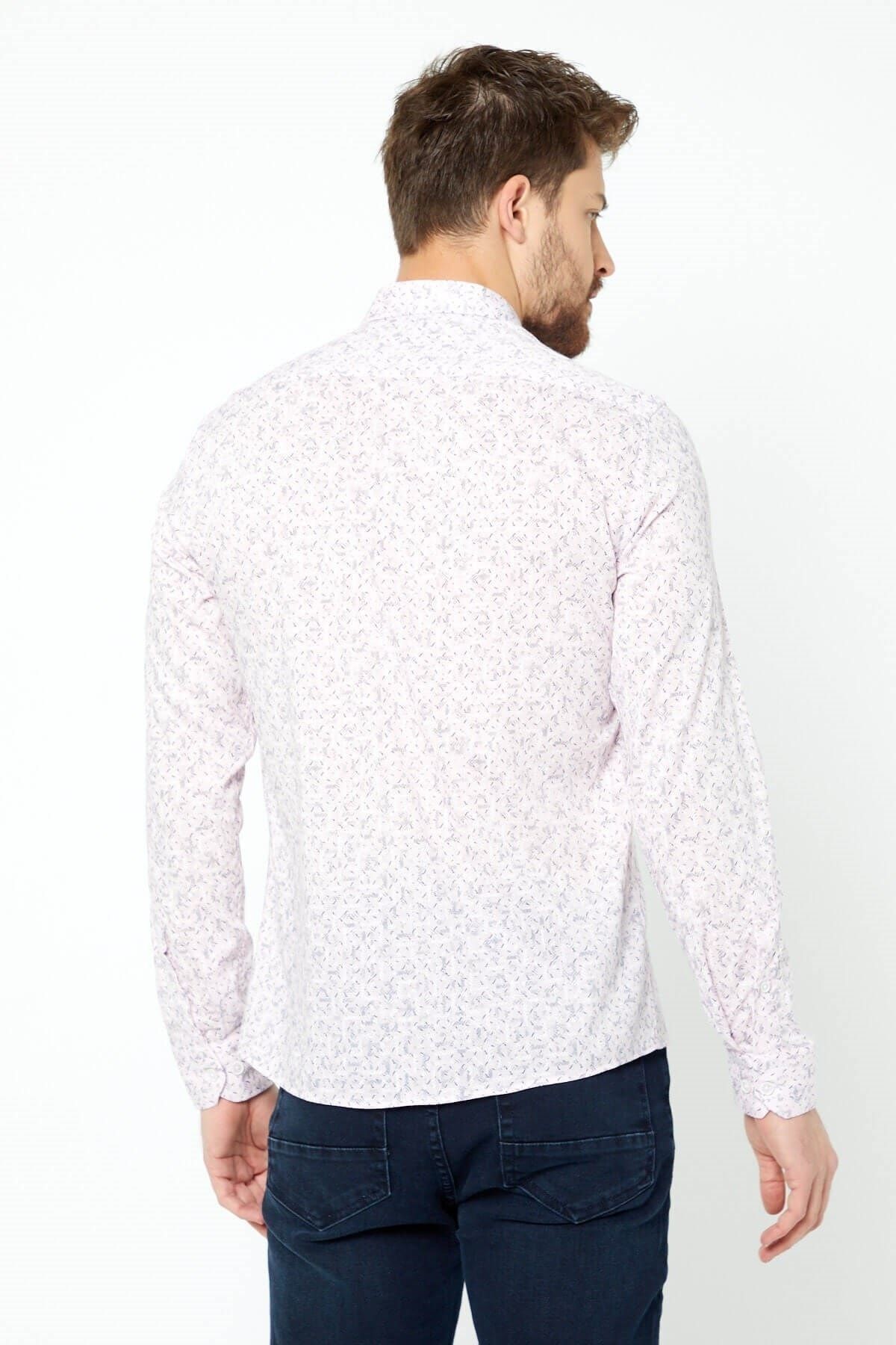 Pamuk Keten Baskılı Pembe Slim Fit Uzun Kol Gömlek
