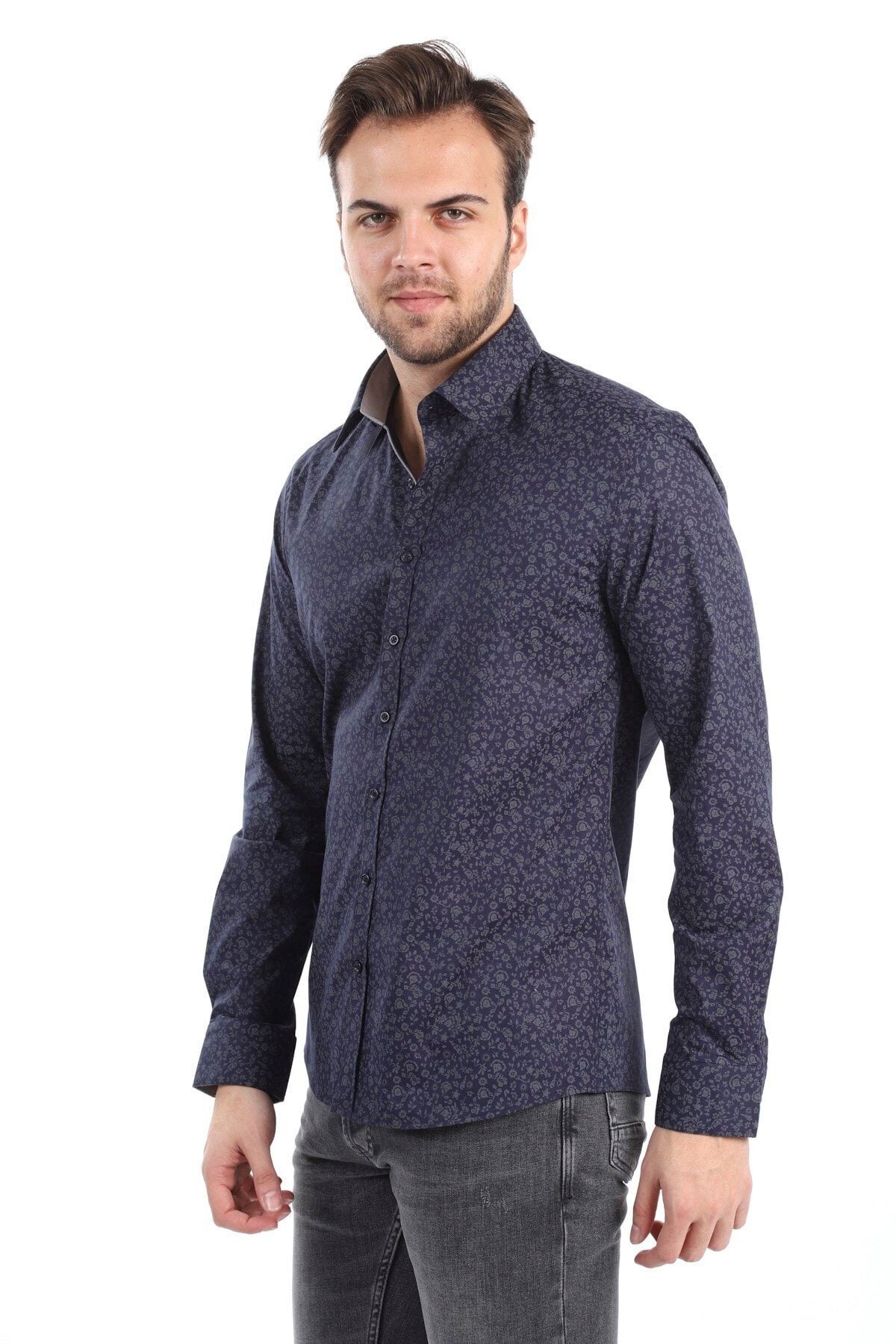Baskılı Lacivert Slim Fit Gömlek