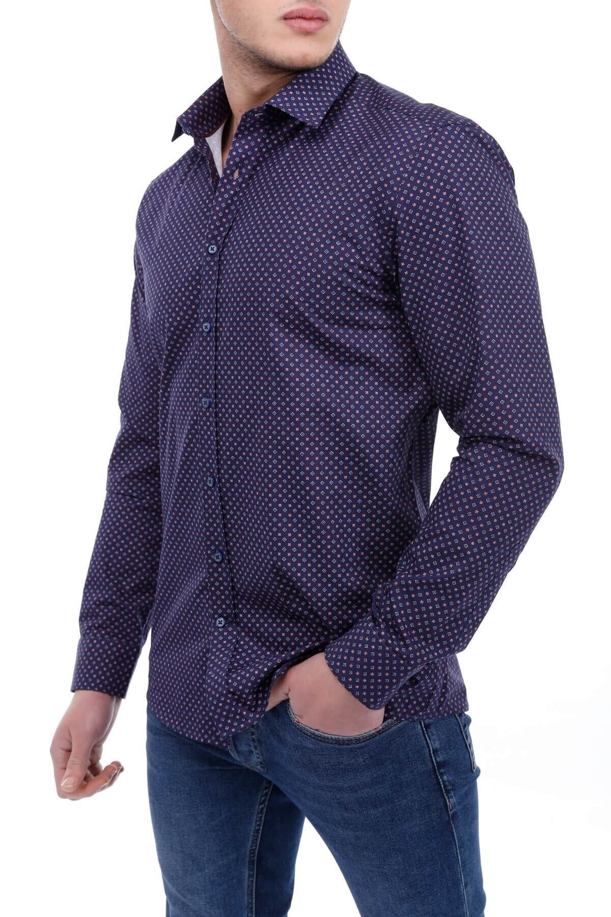 Baskılı Lacivert Slim Fit Gömlek