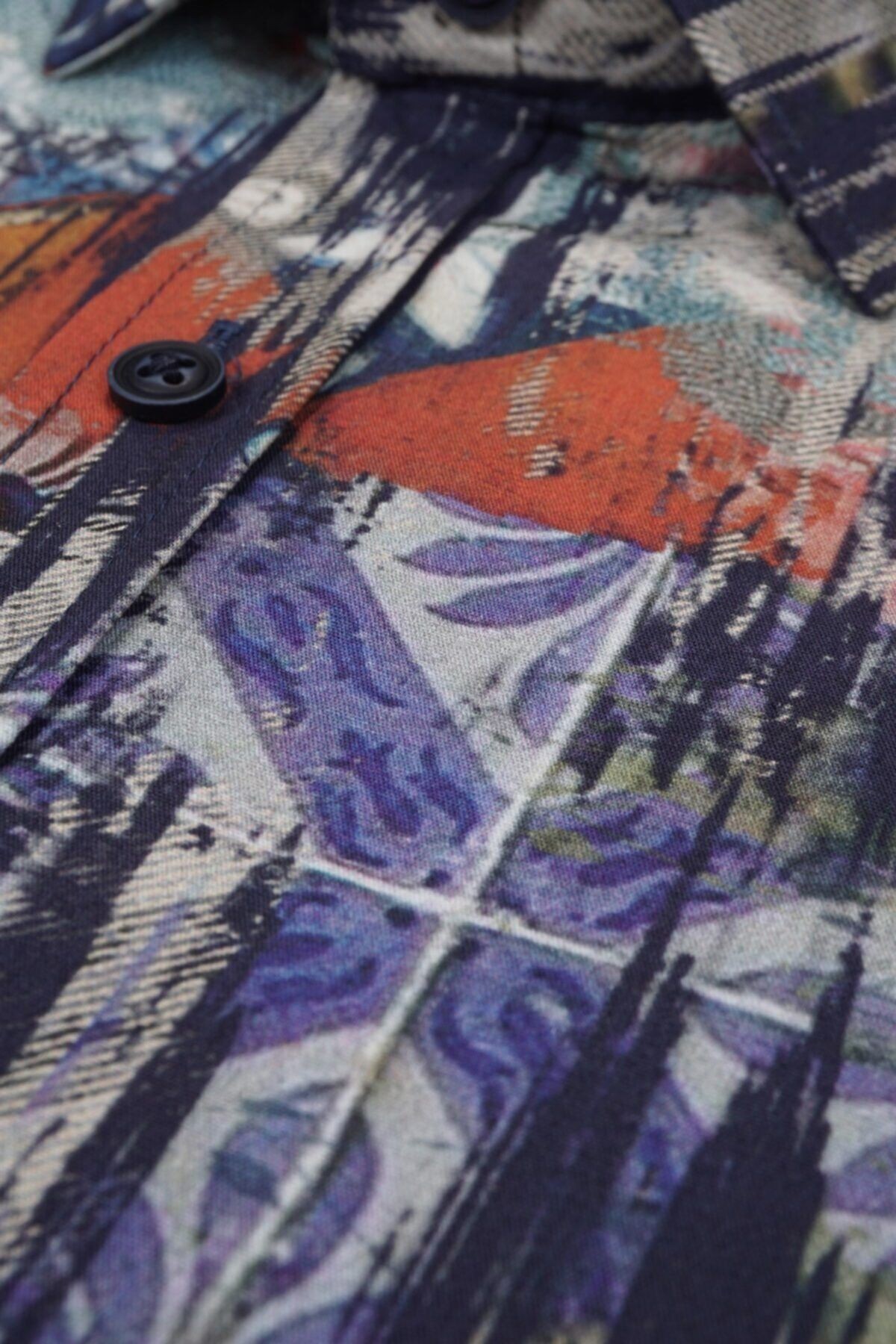 Erkek Lacivert Slim Fit Dijital Baskılı Gömlek