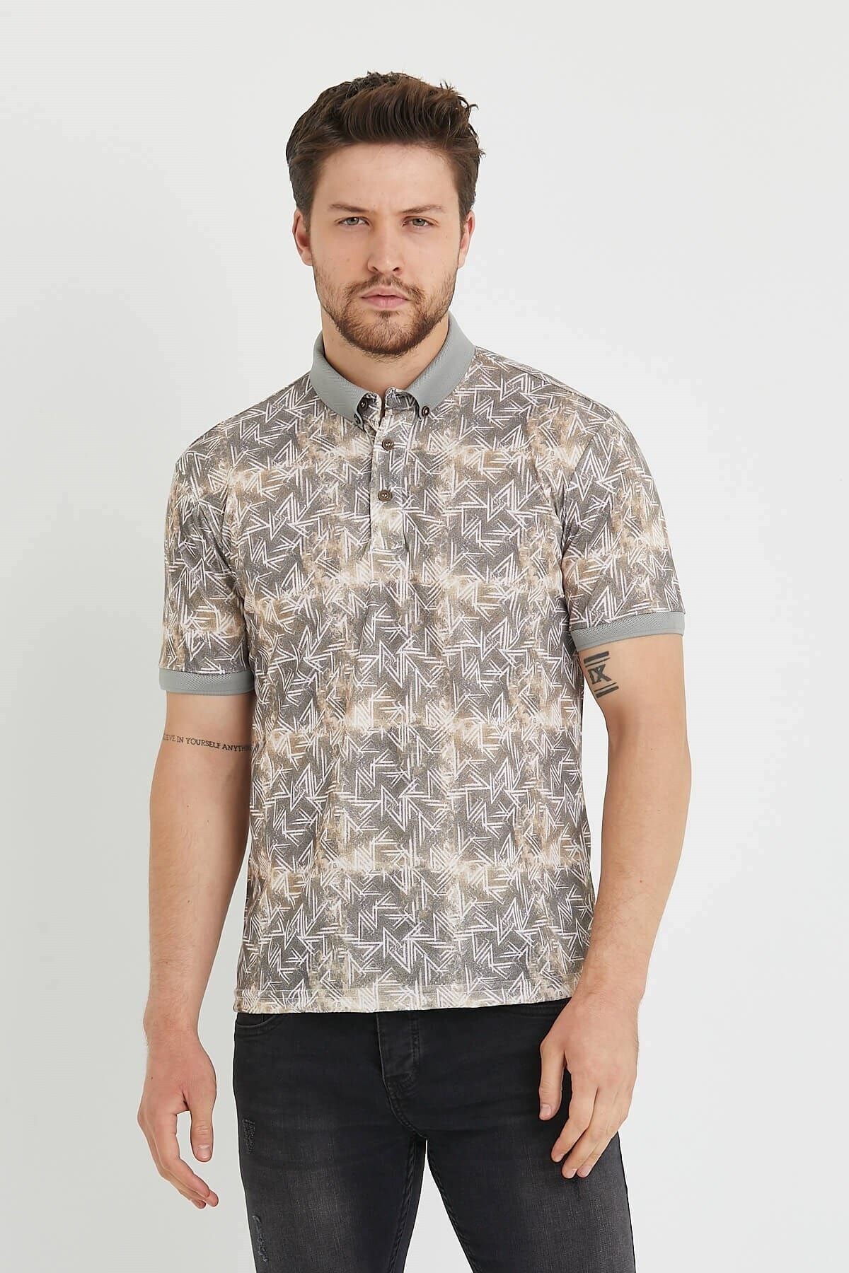 Polo Yaka Düğmeli Baskılı Bej Slim Fit Tişört
