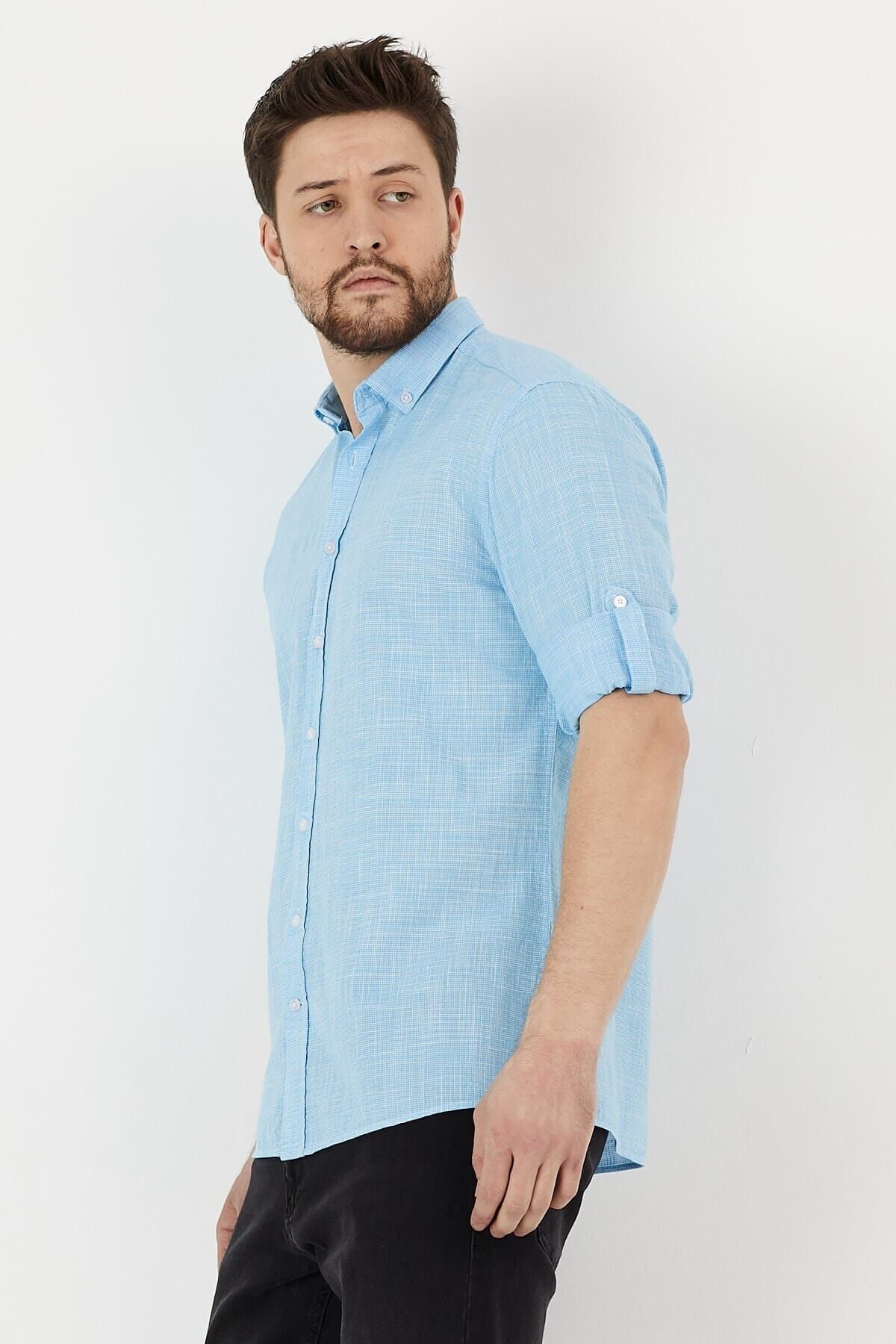 Turkuaz %100 Pamuk Slim Fit Uzun Kol Keten Gömlek