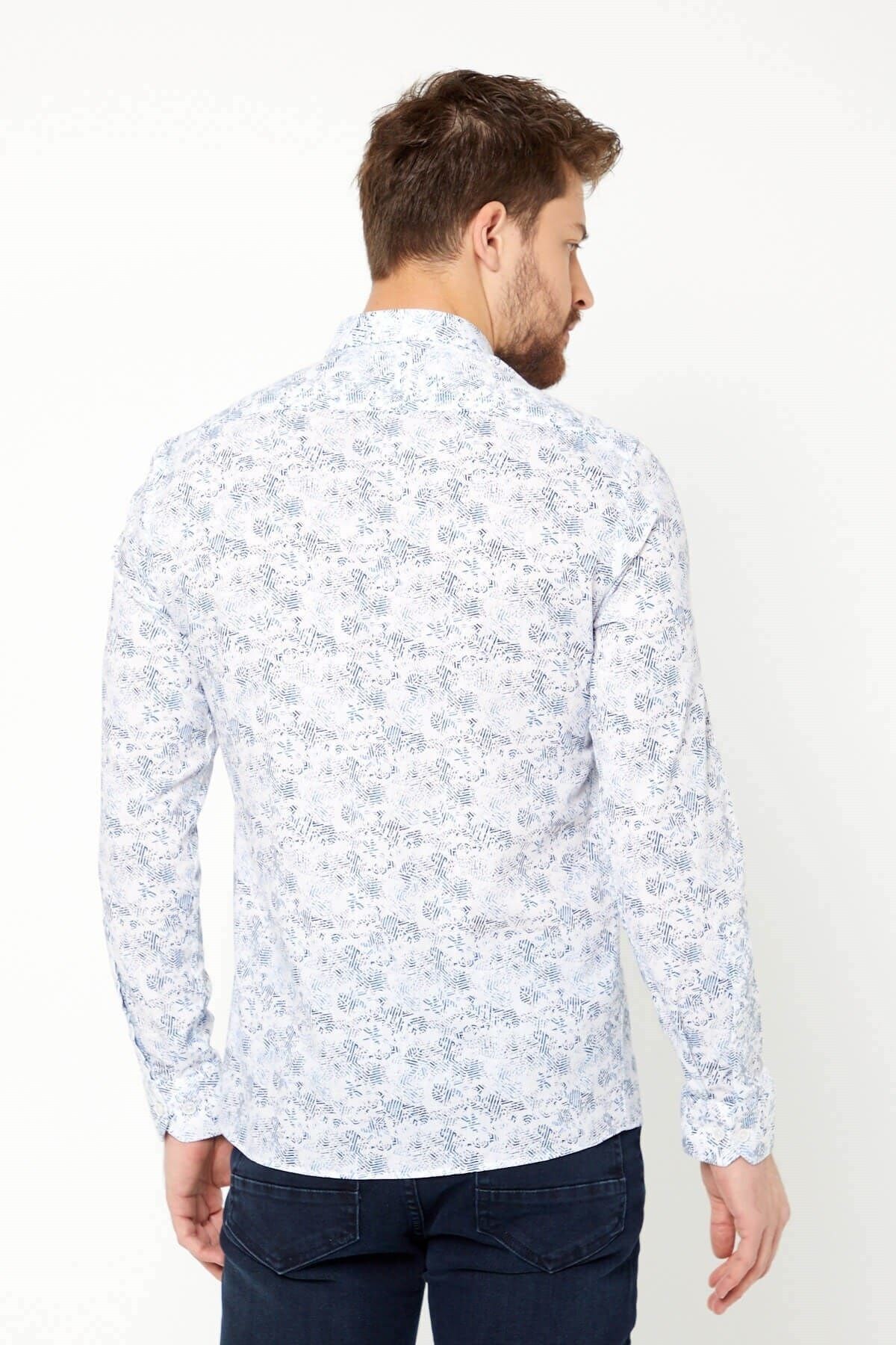 Pamuk Keten Baskılı Beyaz Slim Fit Uzun Kol Gömlek