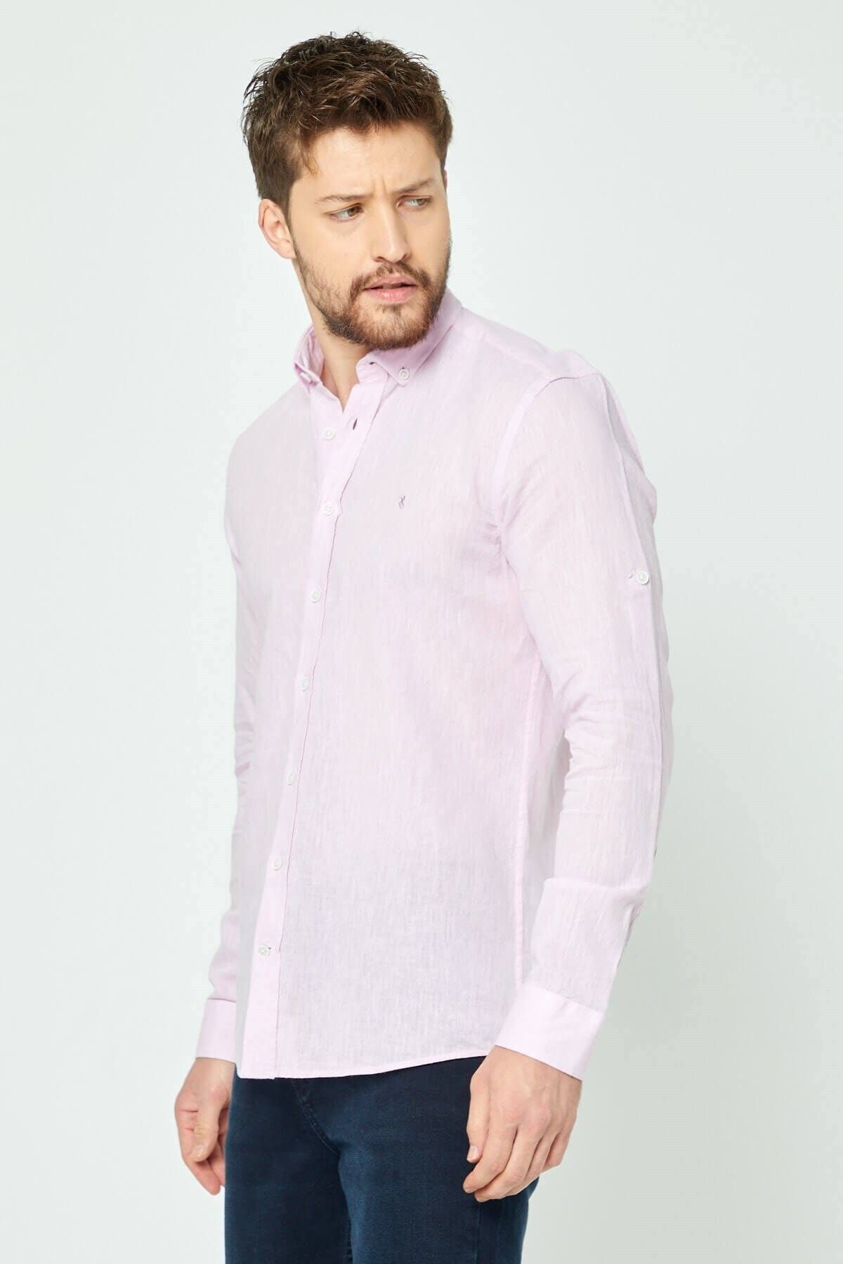 Pembe Slim Fit Uzun Kol Keten Gömlek