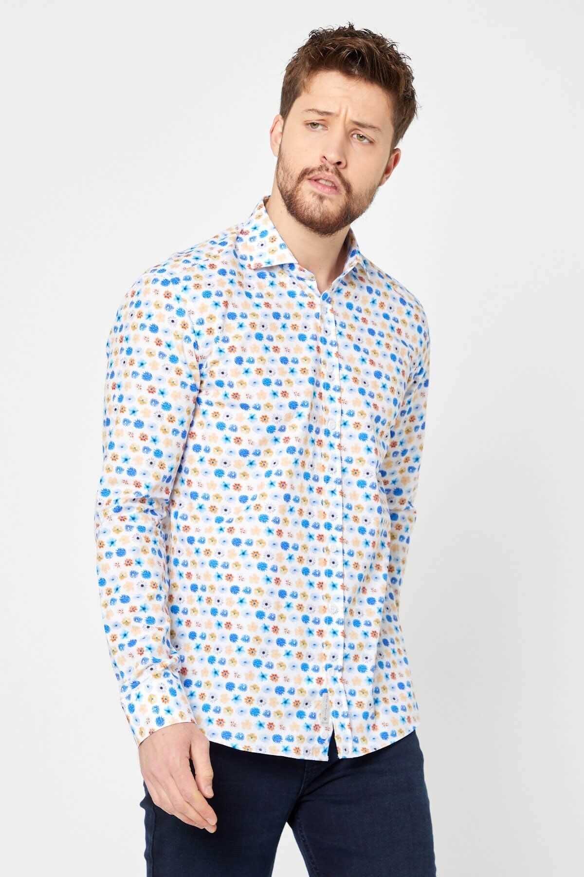 %100 Pamuk Çiçek Baskılı Slim Fit Uzun Kol Gömlek
