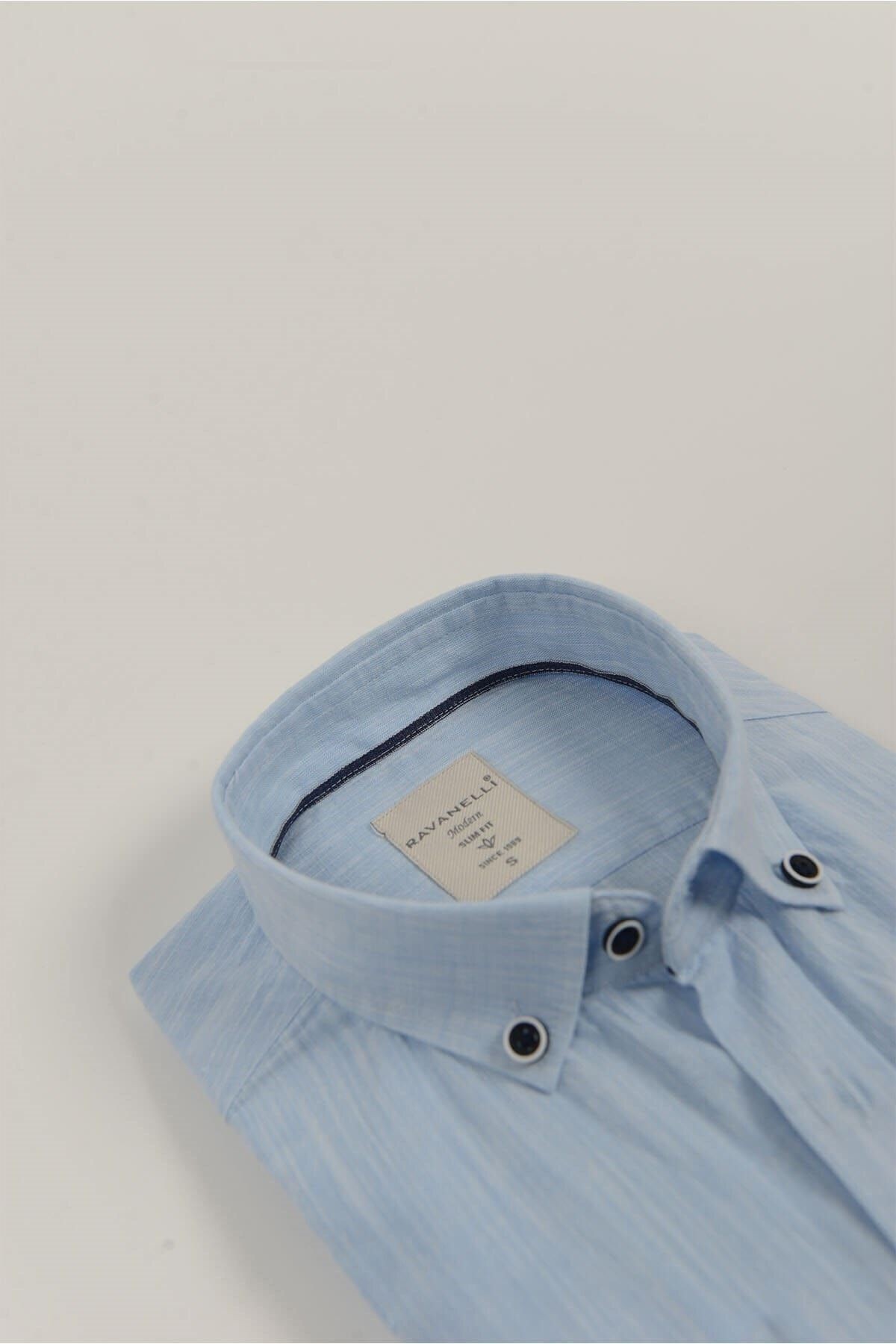 Keten Mavi Slim Fit Uzun Kol Gömlek